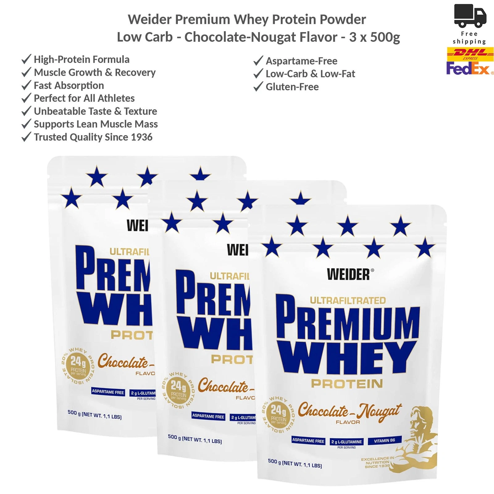Weider Premium Whey Protein Powder - Low Carb - 3x500g - Chocolate-Nougat Flavor