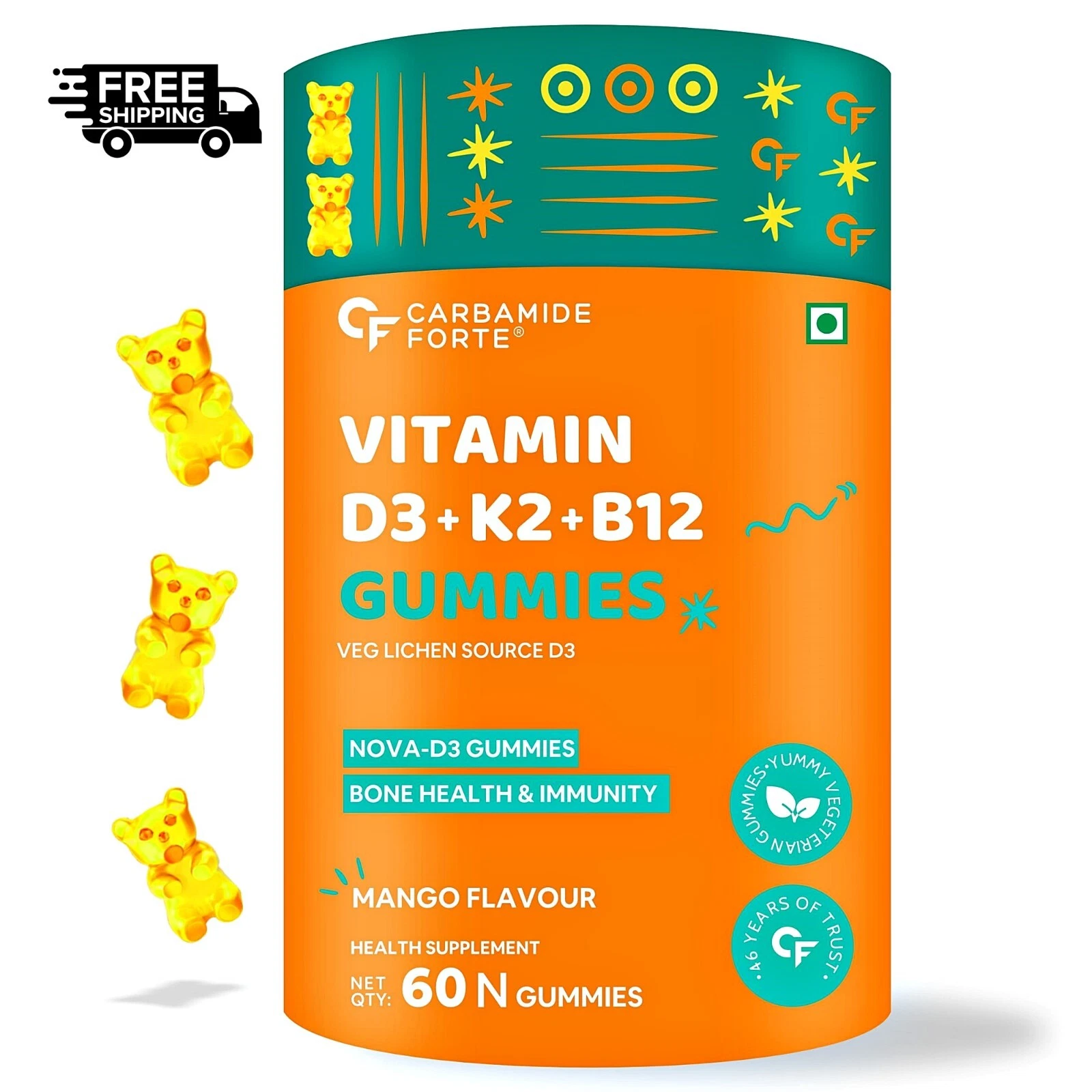 Vitamin D3+K2 MK7 & B12 Gummies – Mango Flavor, 60 Vegan Chews for Bone & Energy