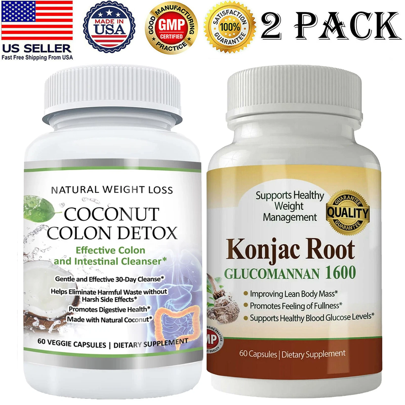 Coconut Colon Cleanse Detox Pills & Konjac Root Fat Burn Weight Loss Supplement