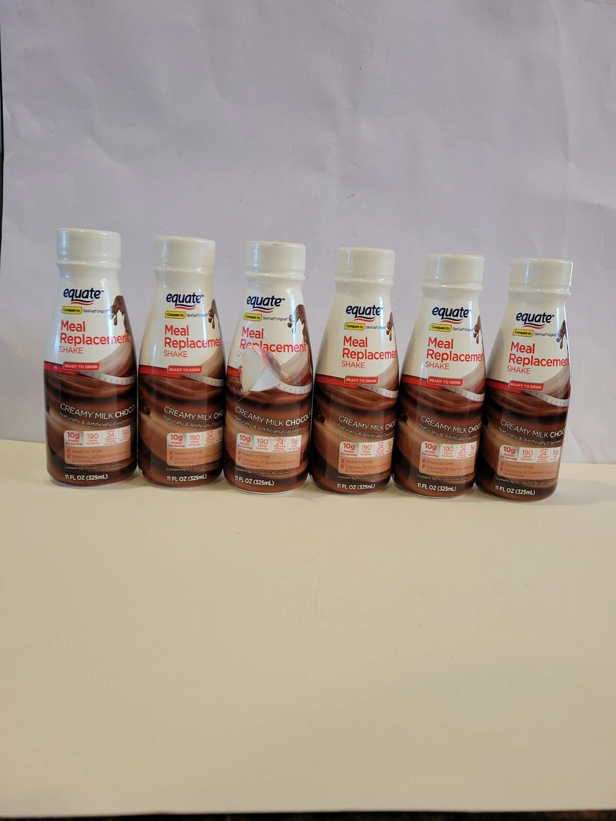 6( Six) Bottles EQUATE MEAL REPLACEMENTS SHAKES ,Creamy Milk Chocolate,11oz ea.