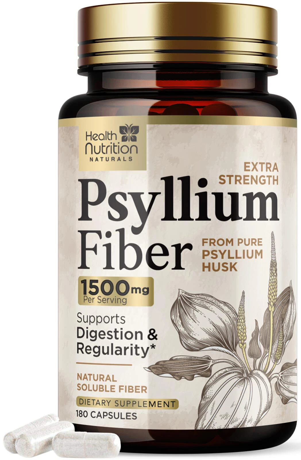 High Absorption Psyllium Husk Fiber Caps 1500 mg, Natural Soluble Fiber Capsules