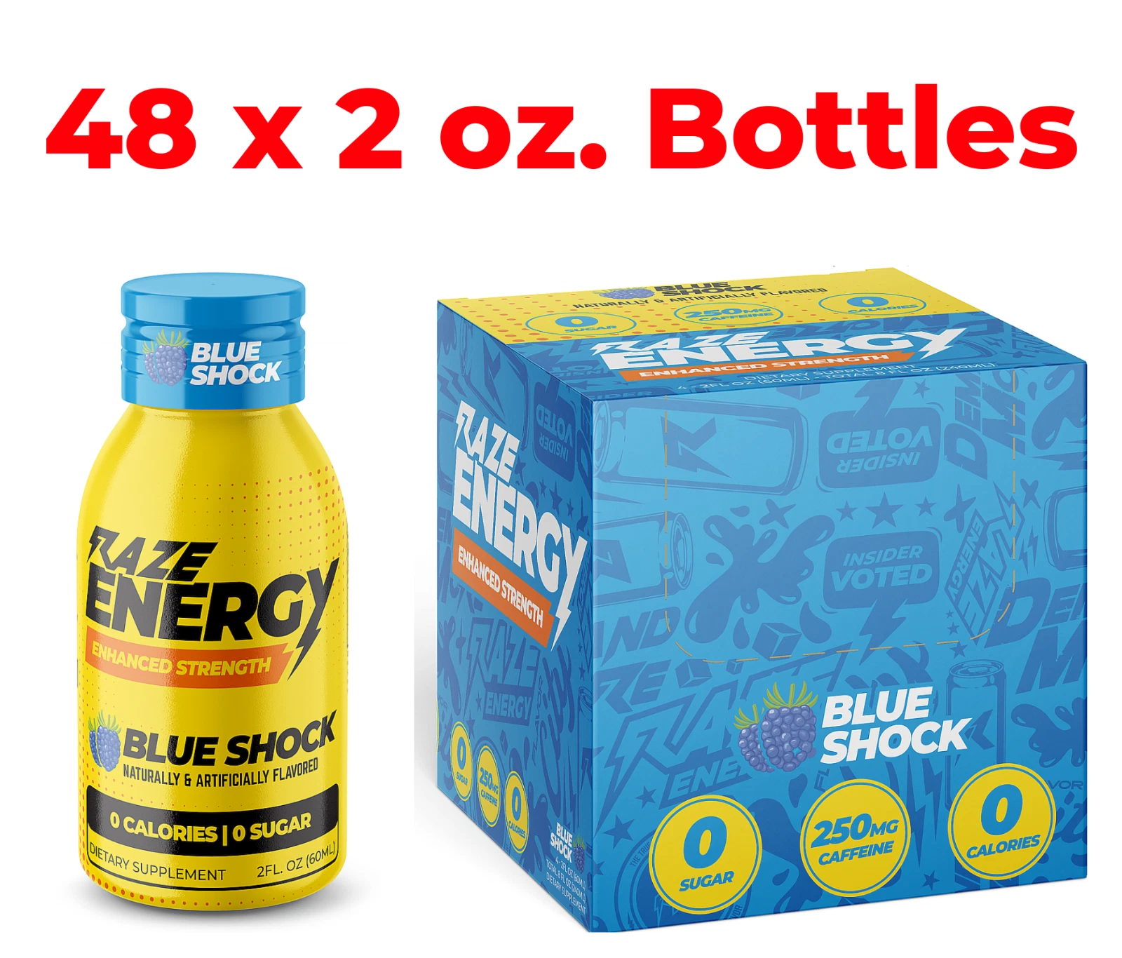 RAZE Energy Shots w/250mg Caffeine Blue Shock - 48 x 2 oz. Bottles
