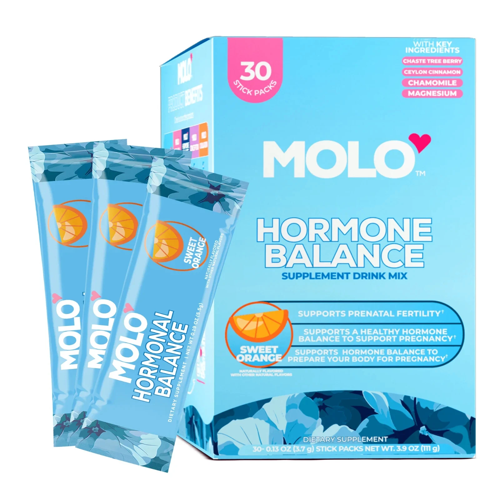MOLO Hormone Balance Supplement Drink Mix–30 Stick Packs Sweet Orange Exp 3/2027