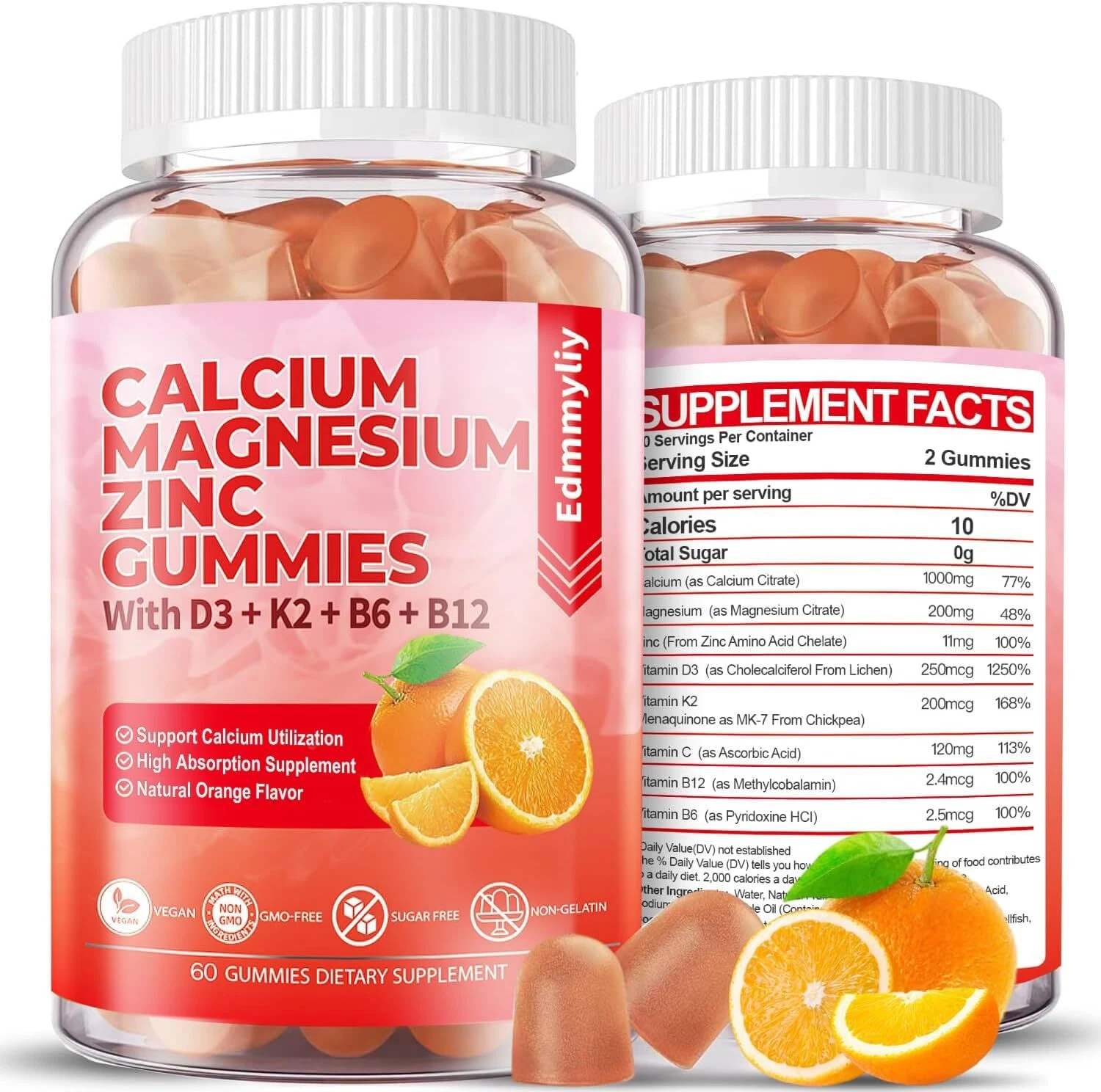 Sugar Free Calcium Magnesium Zinc Supplement Gummies with Vitamin D3 & B12 fo...