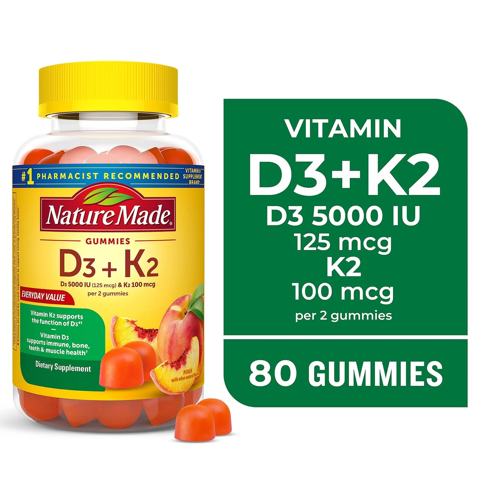 Vitamin D3 K2 Gummies, Vitamin D for Bone, Muscle & Immune Support, 80 Count