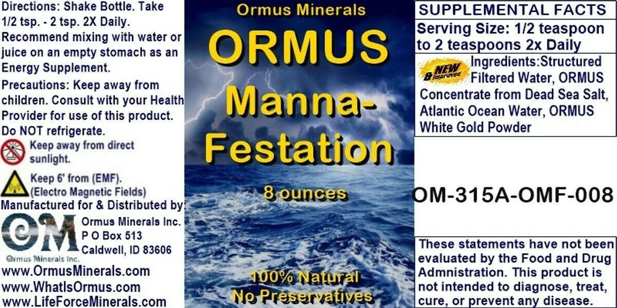 Ormus Manna-Festations - 8oz, Monatomic Gold Ormus liquid mineral Mental Focus