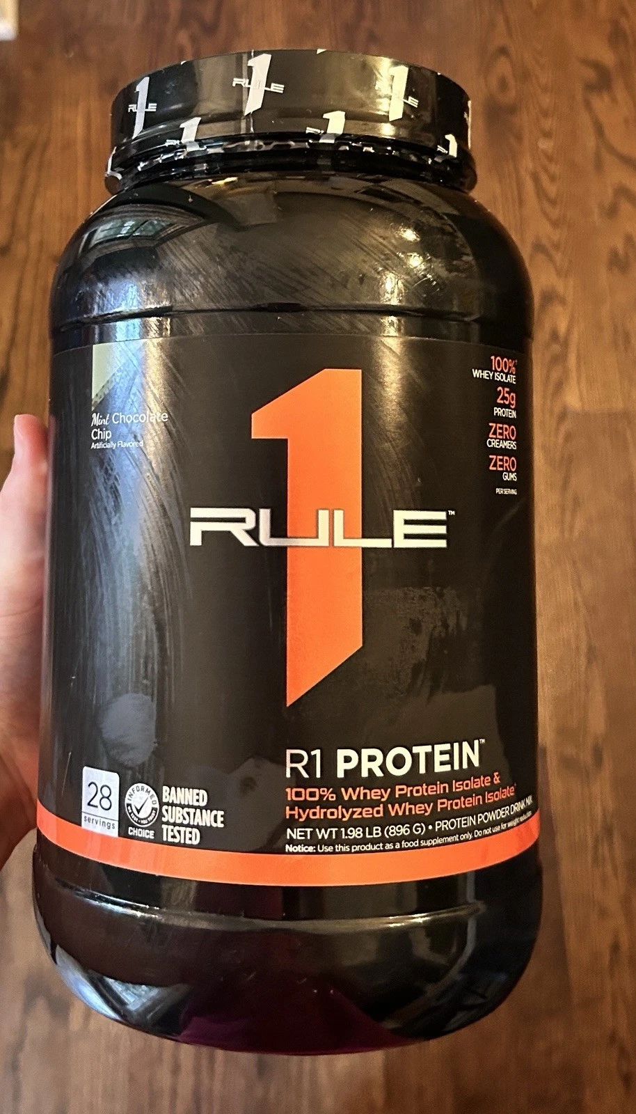 Rule 1 R1 Whey Protein Powder, Mint Chocolate Chip 1.98 lbs, 28svgs, Exp. 10/25