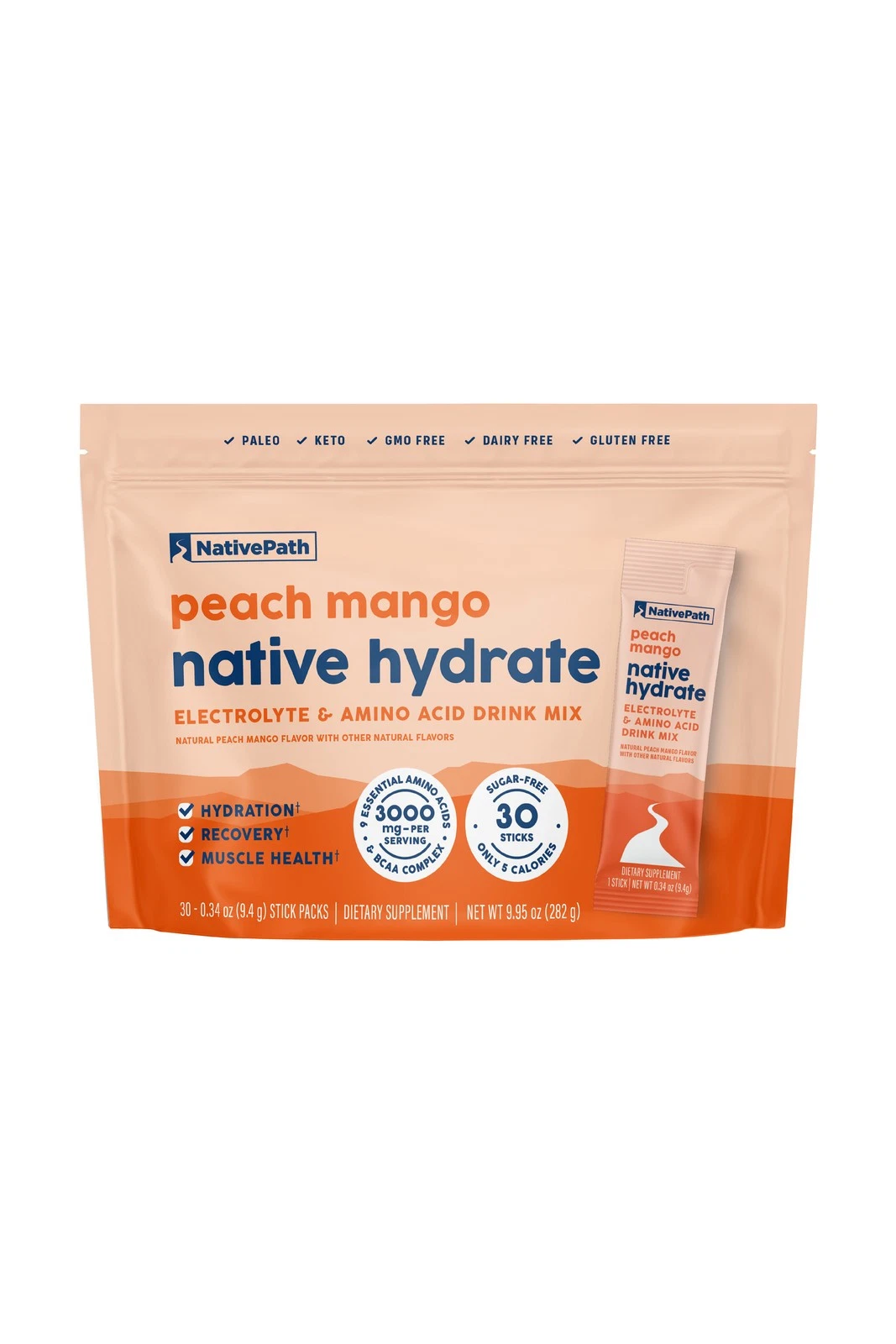 Native Hydrate Electrolyte Powder Stick Pack, No Sugar, Peach Mango, 30 Servings