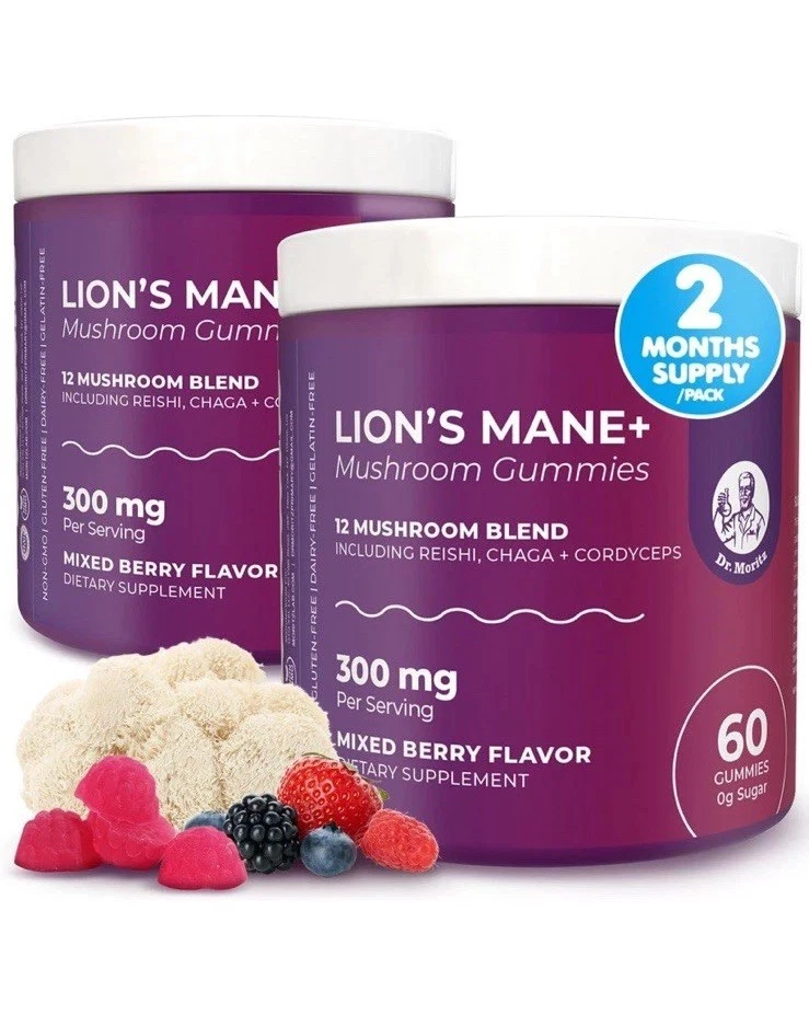 Lions Mane Mushroom Gummies Reishi, Chaga, 12-in-1 Blend (2-PACK) 120 Count