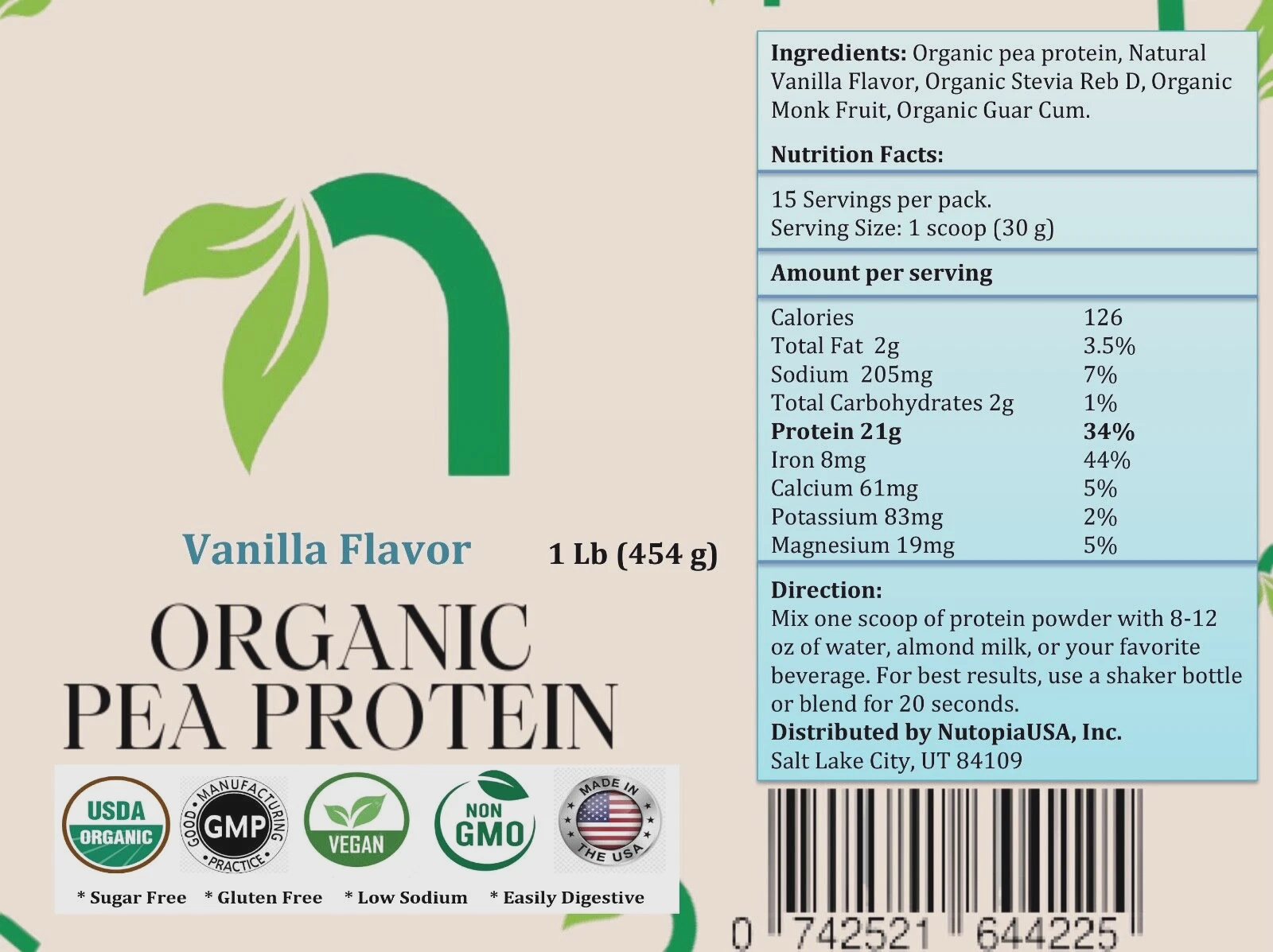 Organic Plant Based Protein Vanilla Flavor, 1 LB (454 g), Free Shipping.