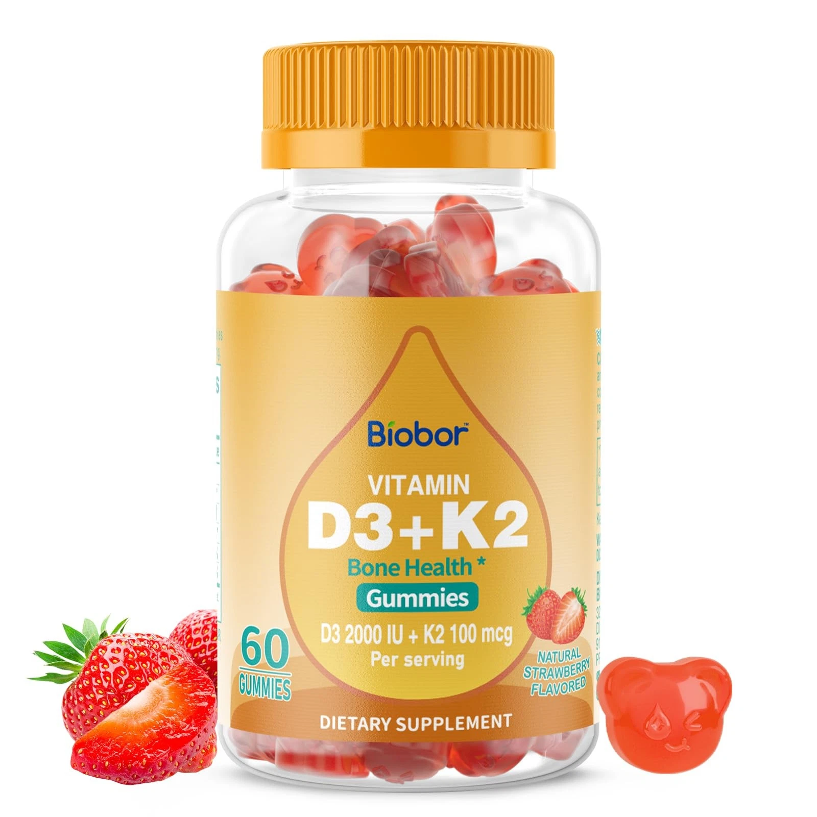 Biobor Natural Vitamin D3 K2 Gummies, 2000 IU Vitamin D3 & 100 mcg Vitamin
