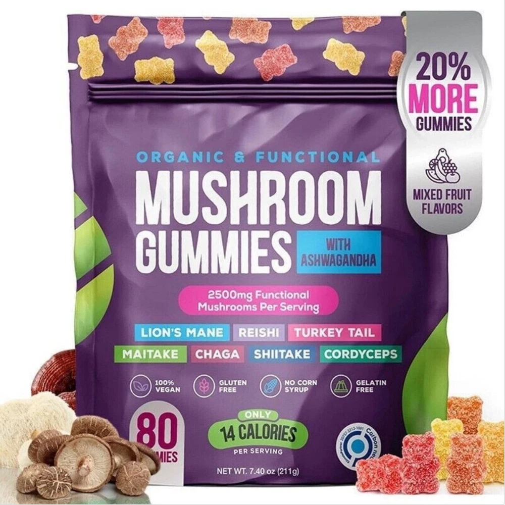 Natural Mushroom Supplement Gummies Ashwagandha Shiitake 80 Counts Fruit Flavor