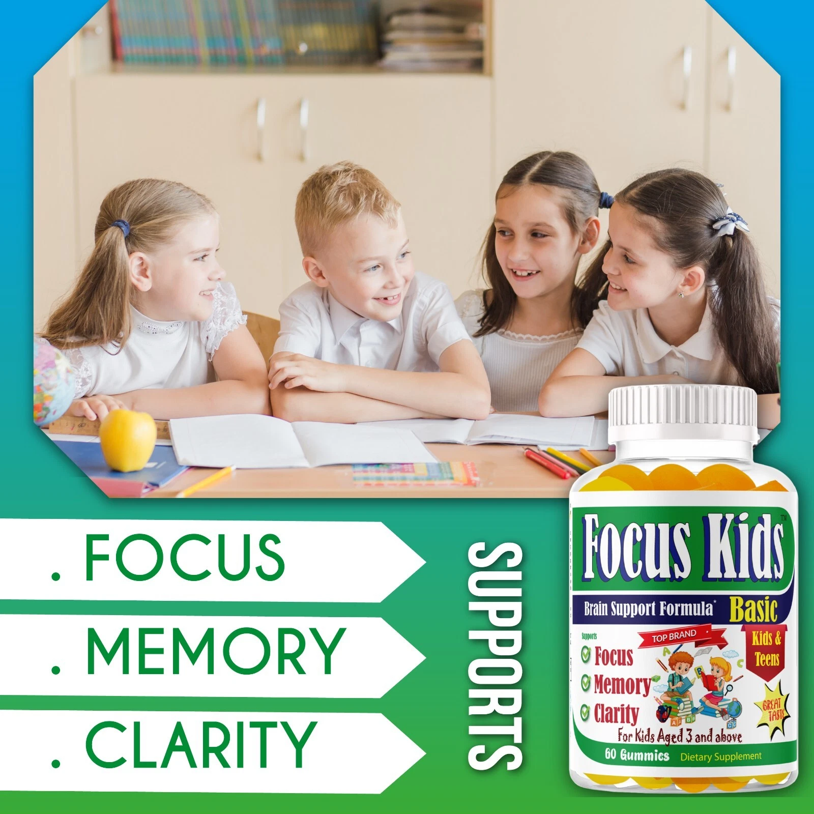 Brain Booster Supplement Kids & Teens Support Memory Focus Omega 3 6 9 Formula