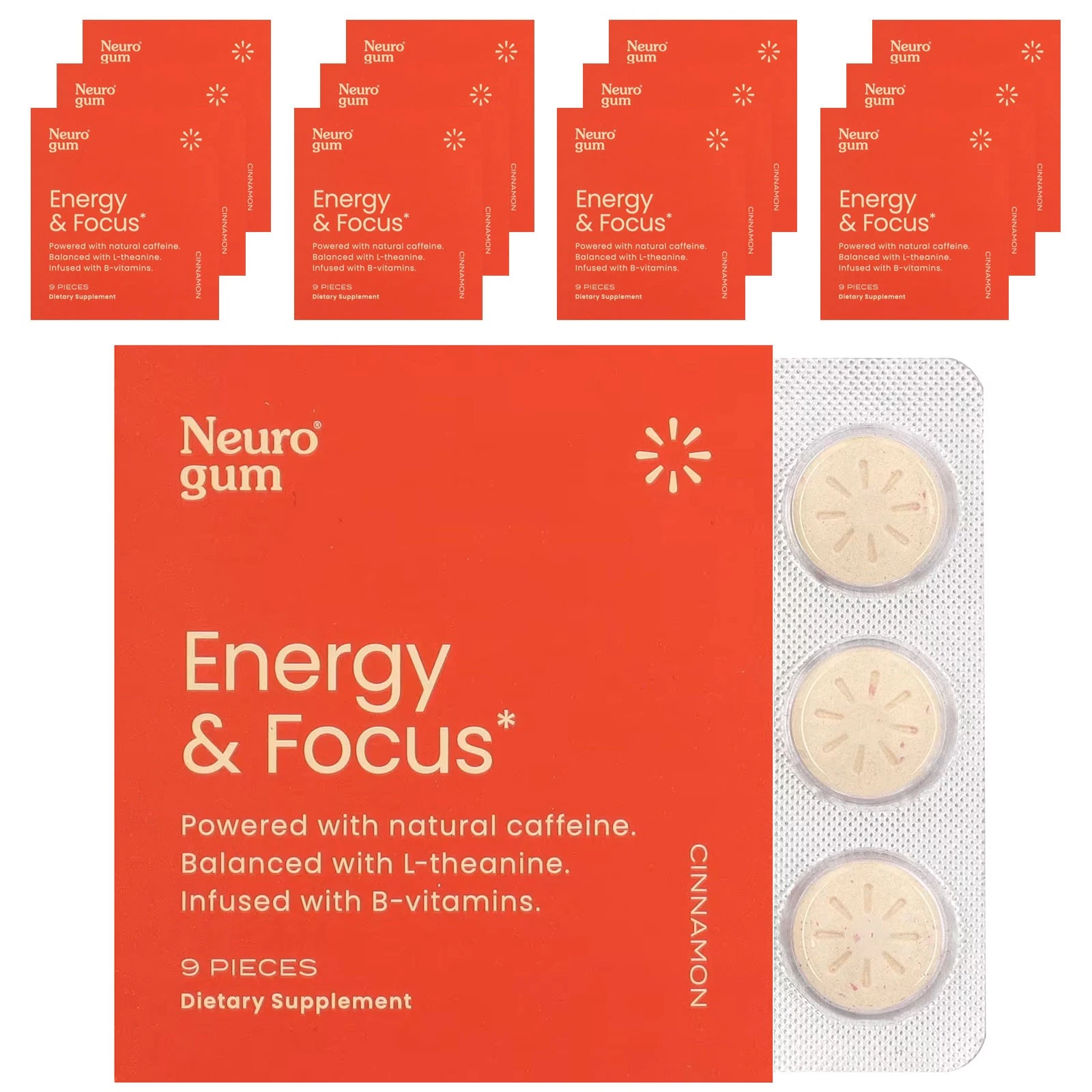 Energy & Focus, Cinnamon, 12 Packs, 9 Pieces Each