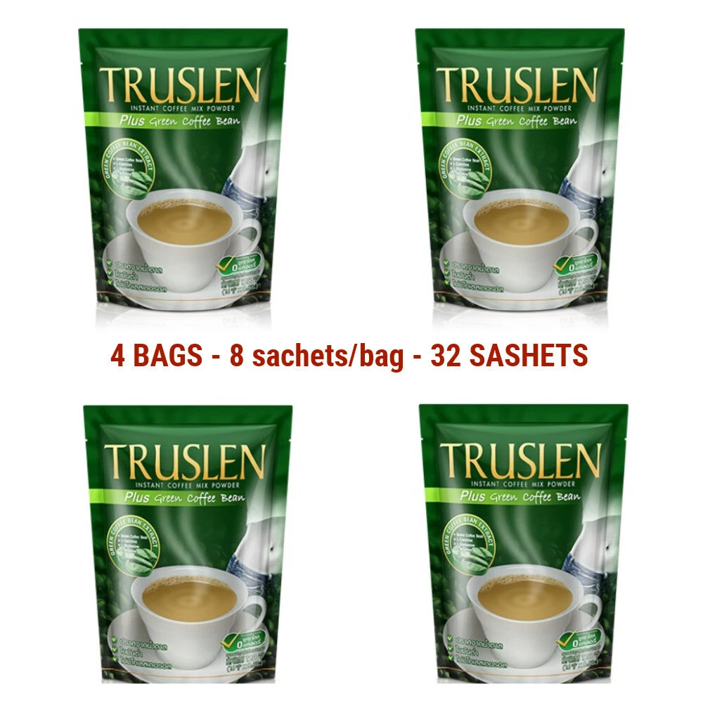 4x TRUSLEN Plus Green Bean Thai Instant Coffee Weight Control 8pcs/bag, 32pcs