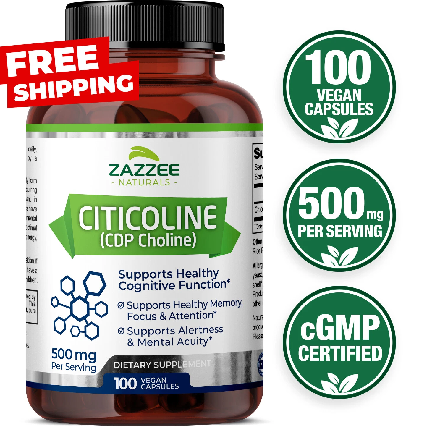 Extra Strength Citicoline CDP Choline 500 mg per Serving, 100 Vegan Capsules