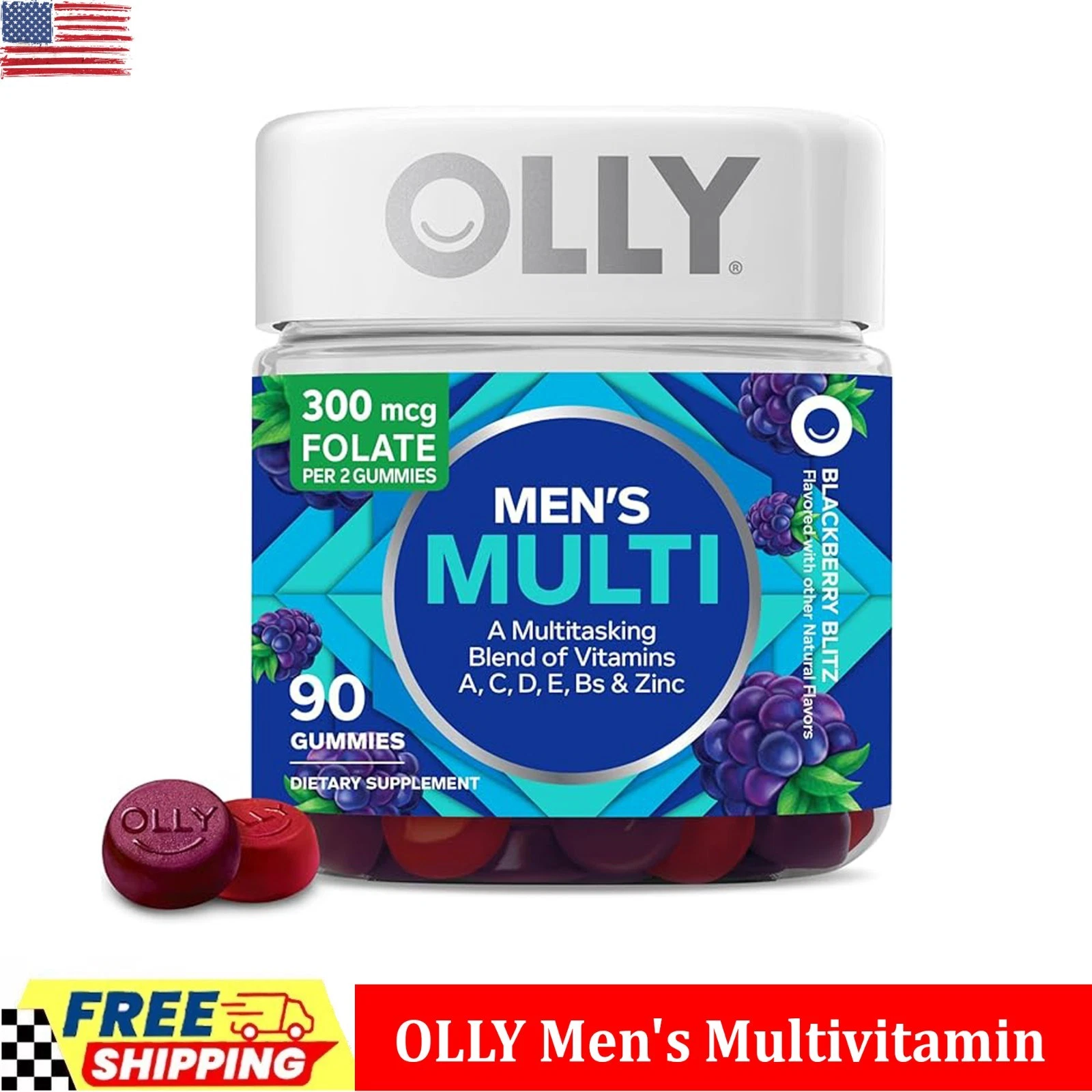 OLLY Men's Multivitamin Gummy, Vitamins A, C, D, E, B, Zinc, Blackberry Flavor,