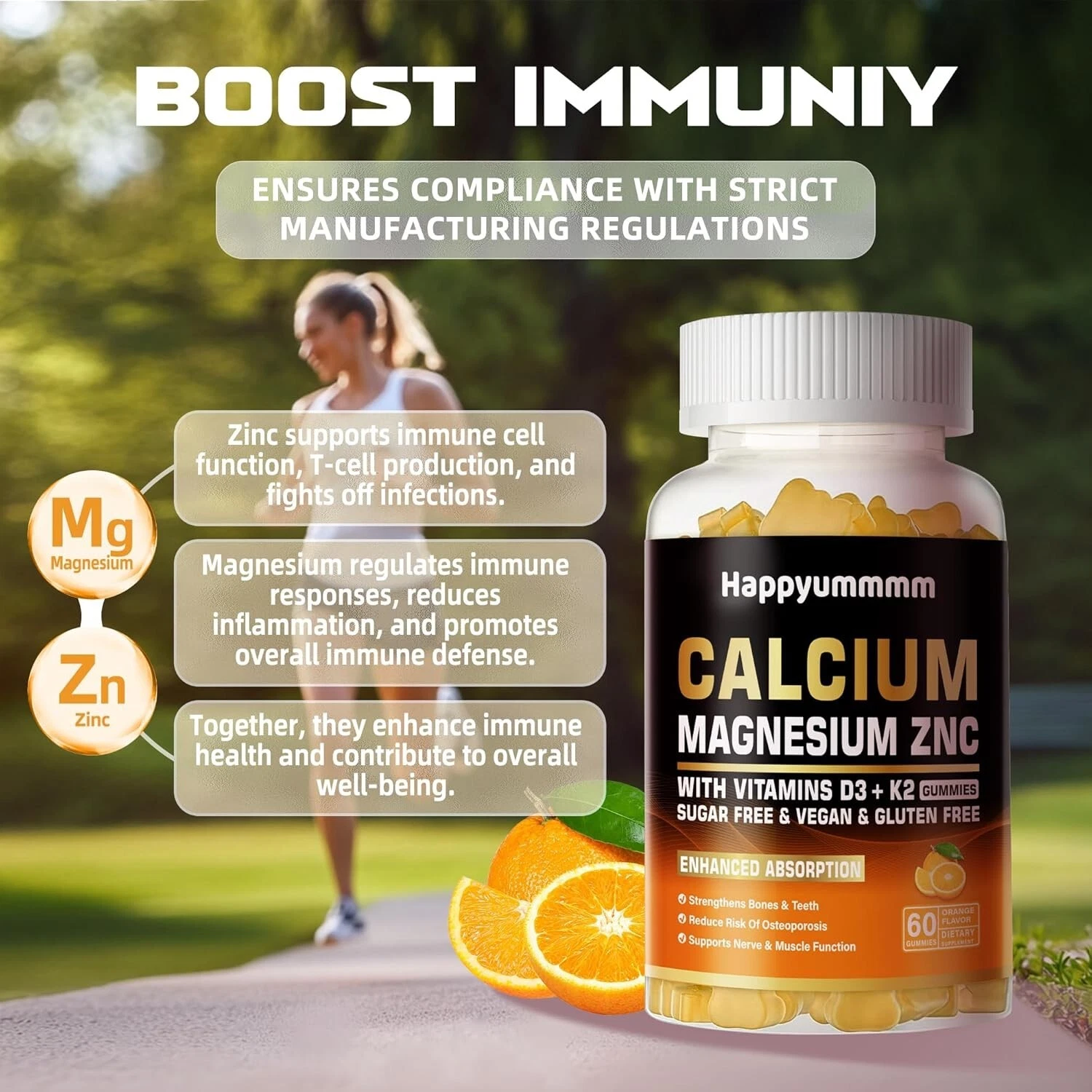 Calcium Magnesium Zinc Gummies with Vitamin D3 & K2 - High Potency Enhanced A...