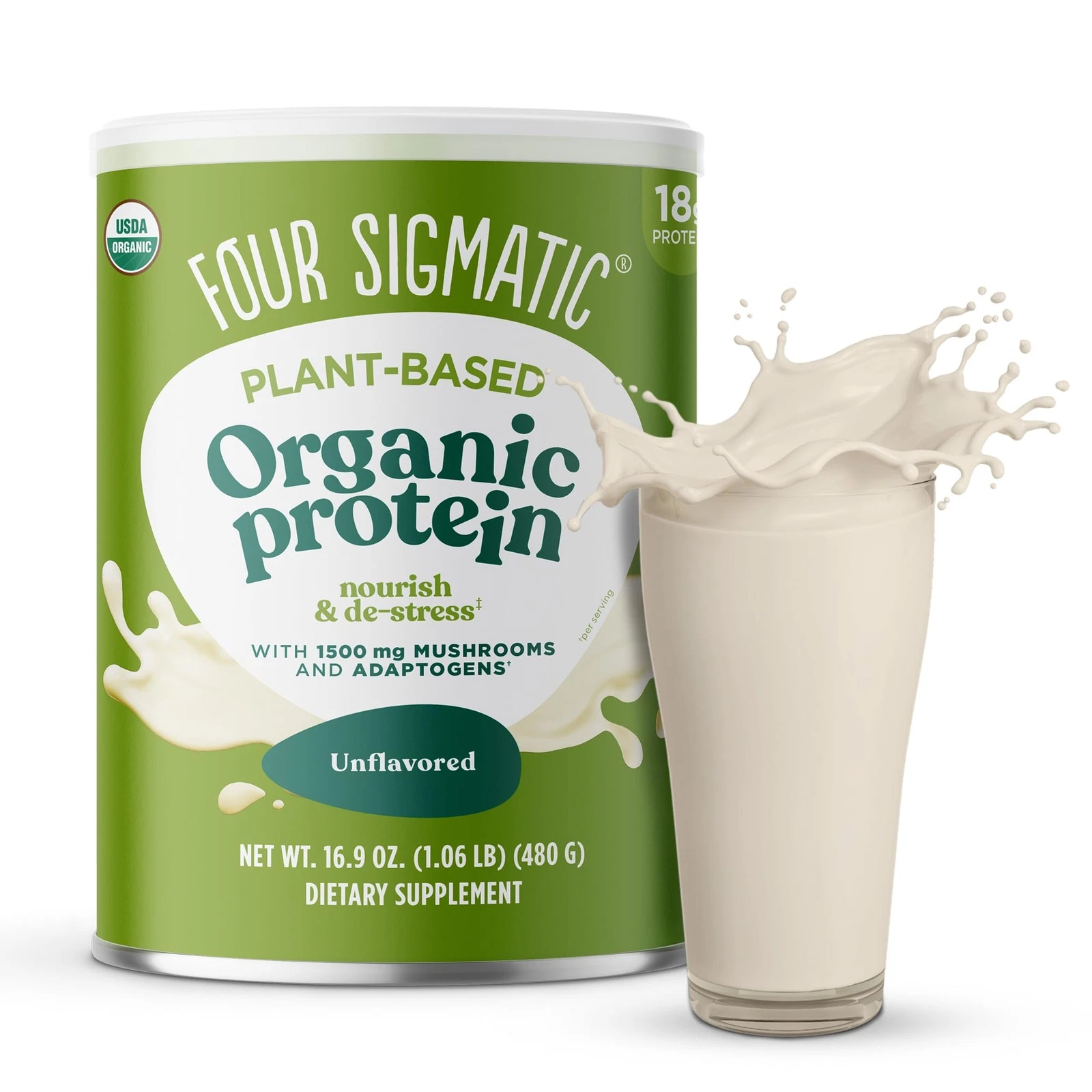 Organic Plant Protein Powder 15 Servings Unflavored with Adaptogens and Mushr...