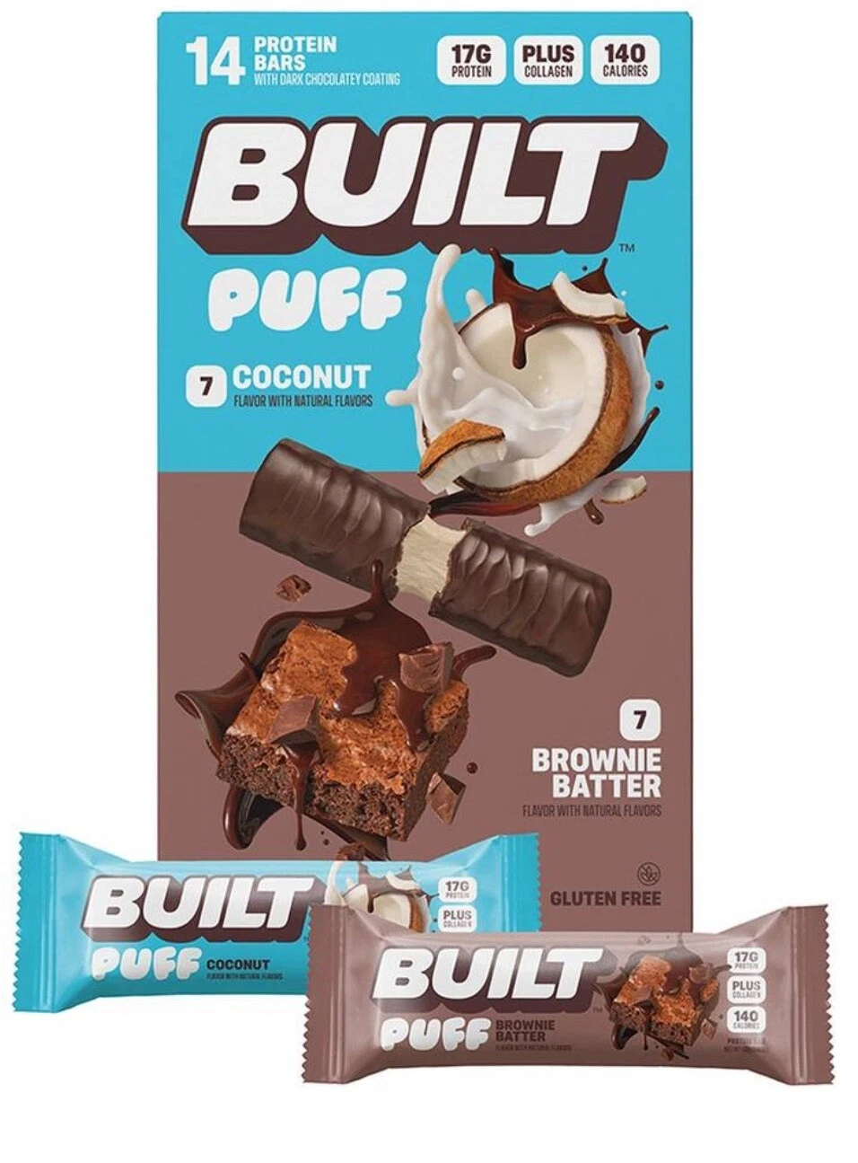 (14 PACK) Built Puff Protein Bars, Brownie Batter & Coconut Flavors, 1.41 oz