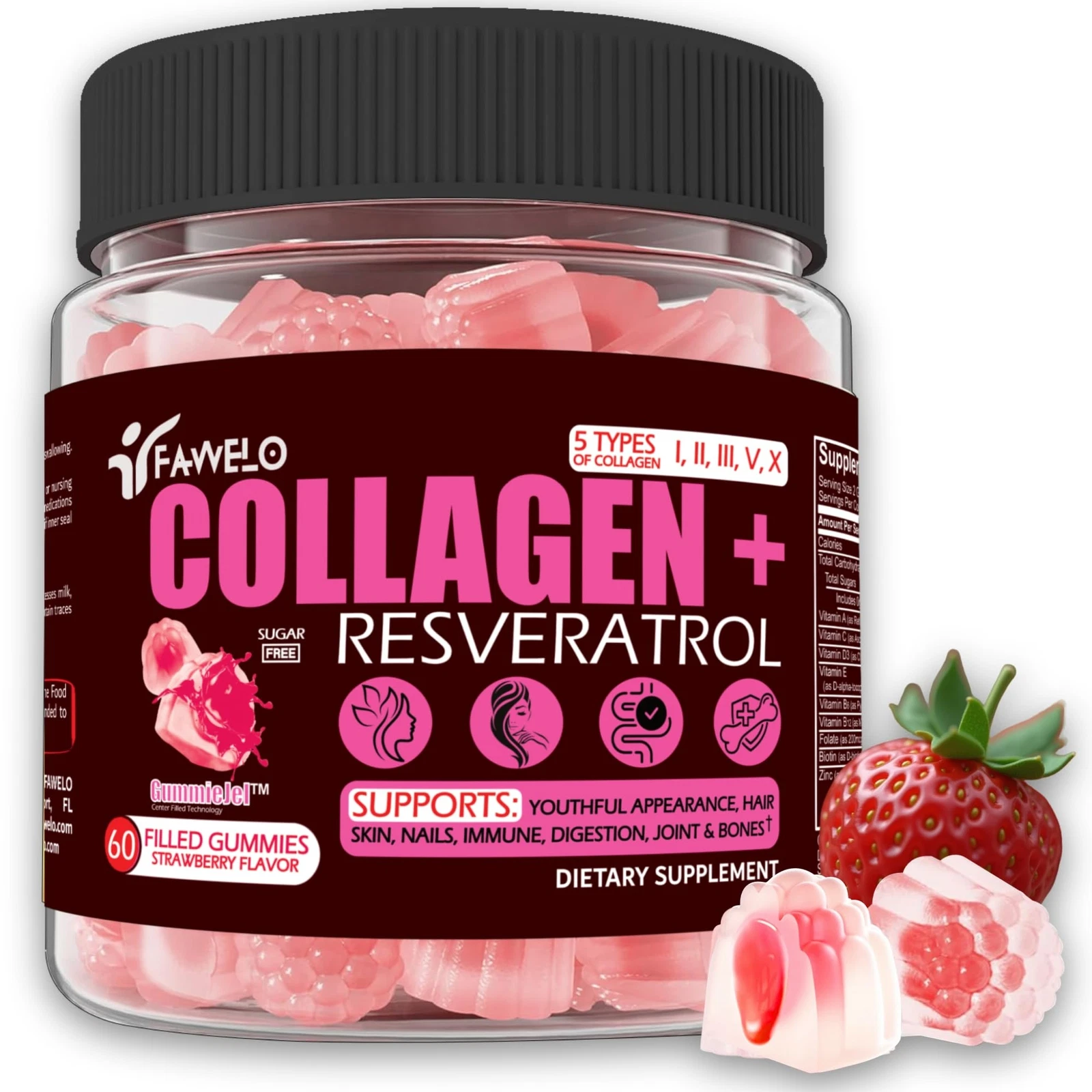 Multi Collagen Gummies Peptides Hydrolyzed Type I II III V X Plus Resveratrol...