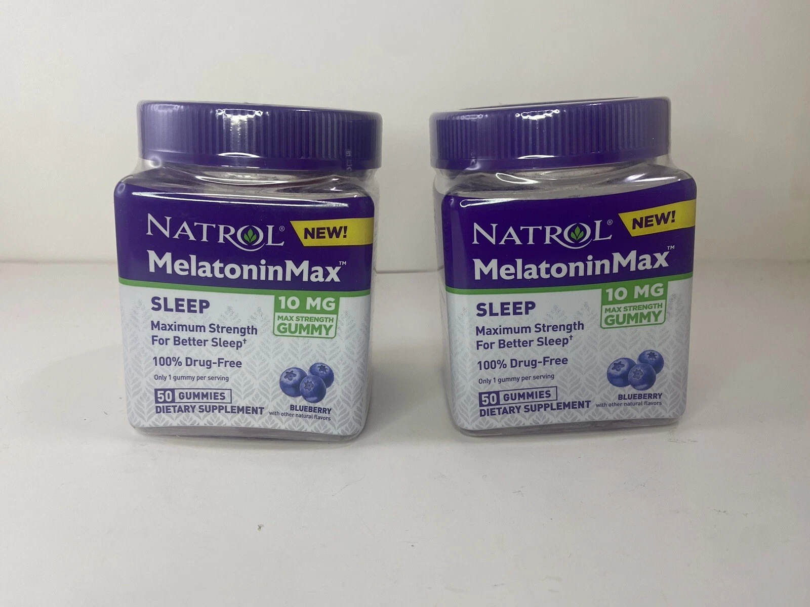 2 Natrol MelatoninMax 10mg, Sleep Support, Maximum Strength Blueberry 50 Gummies