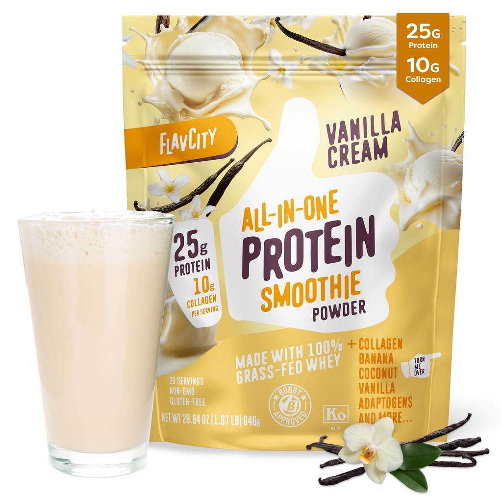 Grass Fed Whey Protein Powder - Vanilla Smoothie - 25g Protein & 10g Collagen...