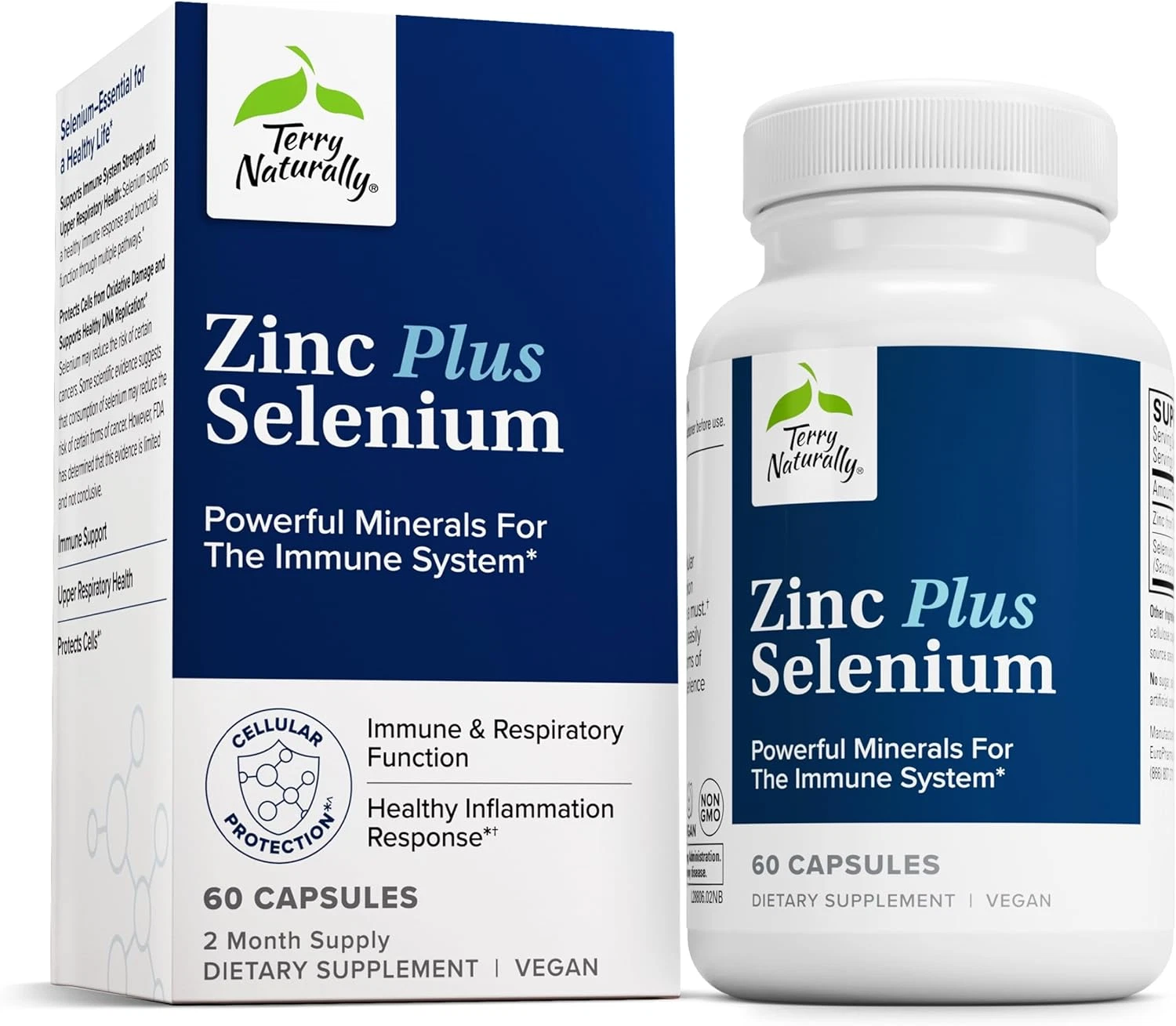Terry Naturally Zinc plus Selenium, 60 Capsules, Immune Supplement Non-Gmo Vegan