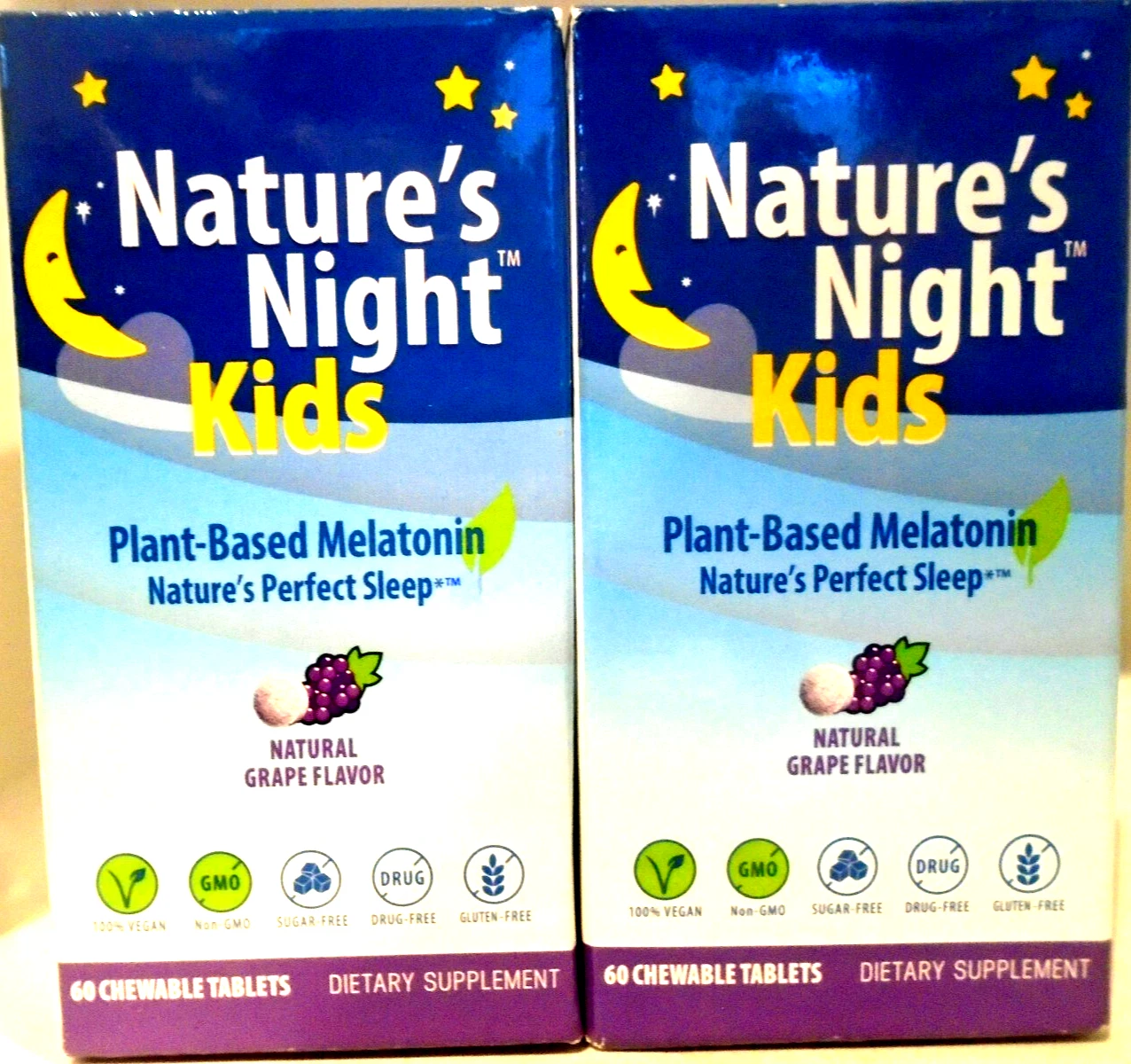 Nature's Night Kids Plant Based Melatonin Grape Chewable Tablets 60 Ct Pack of 2