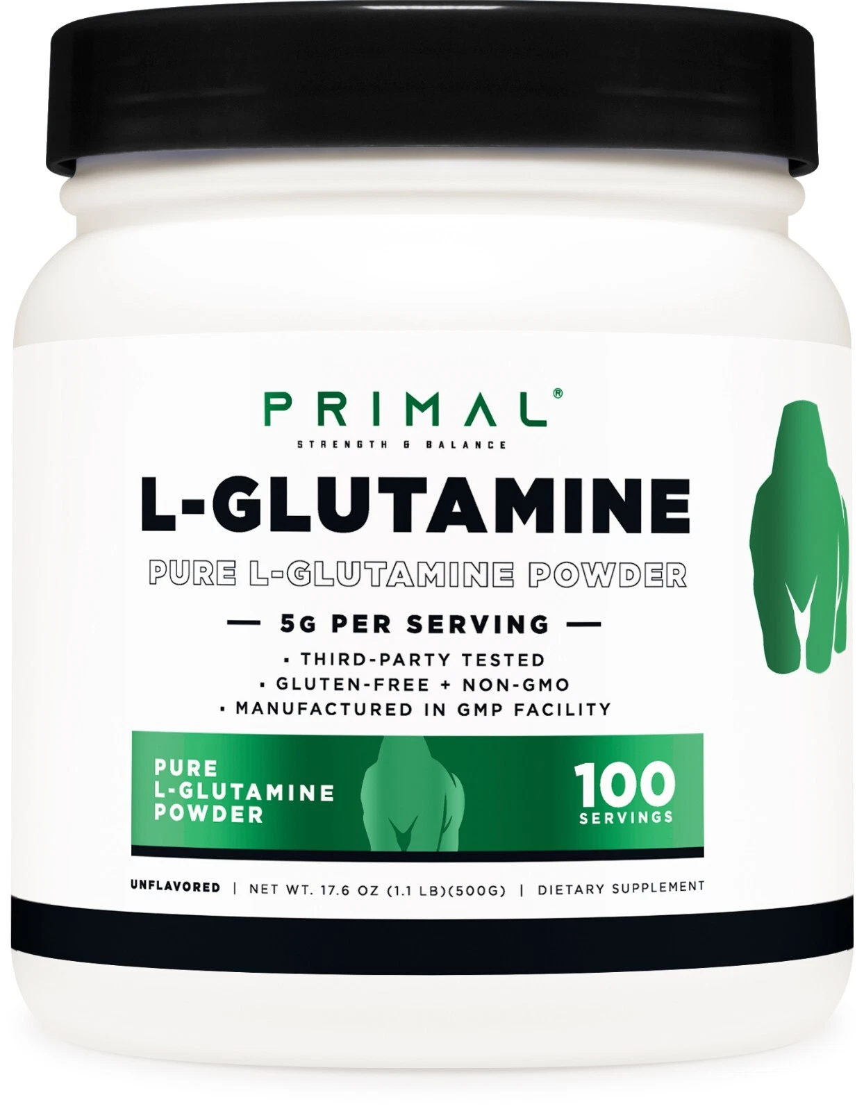 Primal L-Glutamine Powder (500 Grams, 100 Servings) | Pure Unflavored Glutamine