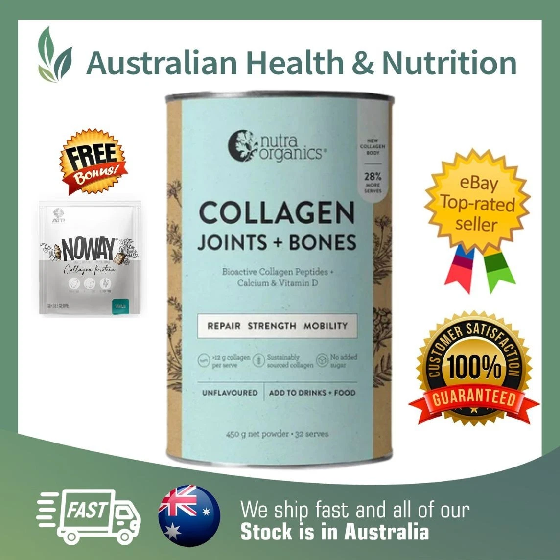 NUTRA ORGANICS COLLAGEN JOINTS & BONES 450 GRAMS + FREE SAME DAY POST & SAMPLE