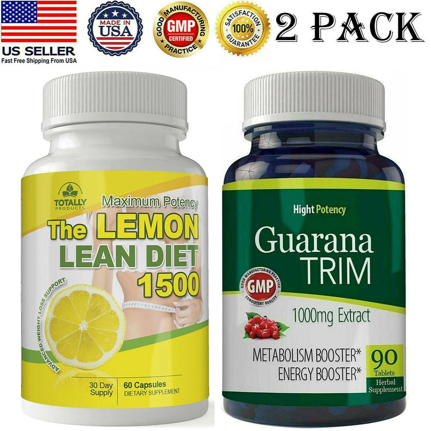 Lemon Lean Diet Caps Guarana Trim Seed Extract Weight Loss Fat Burner Pills 2pk