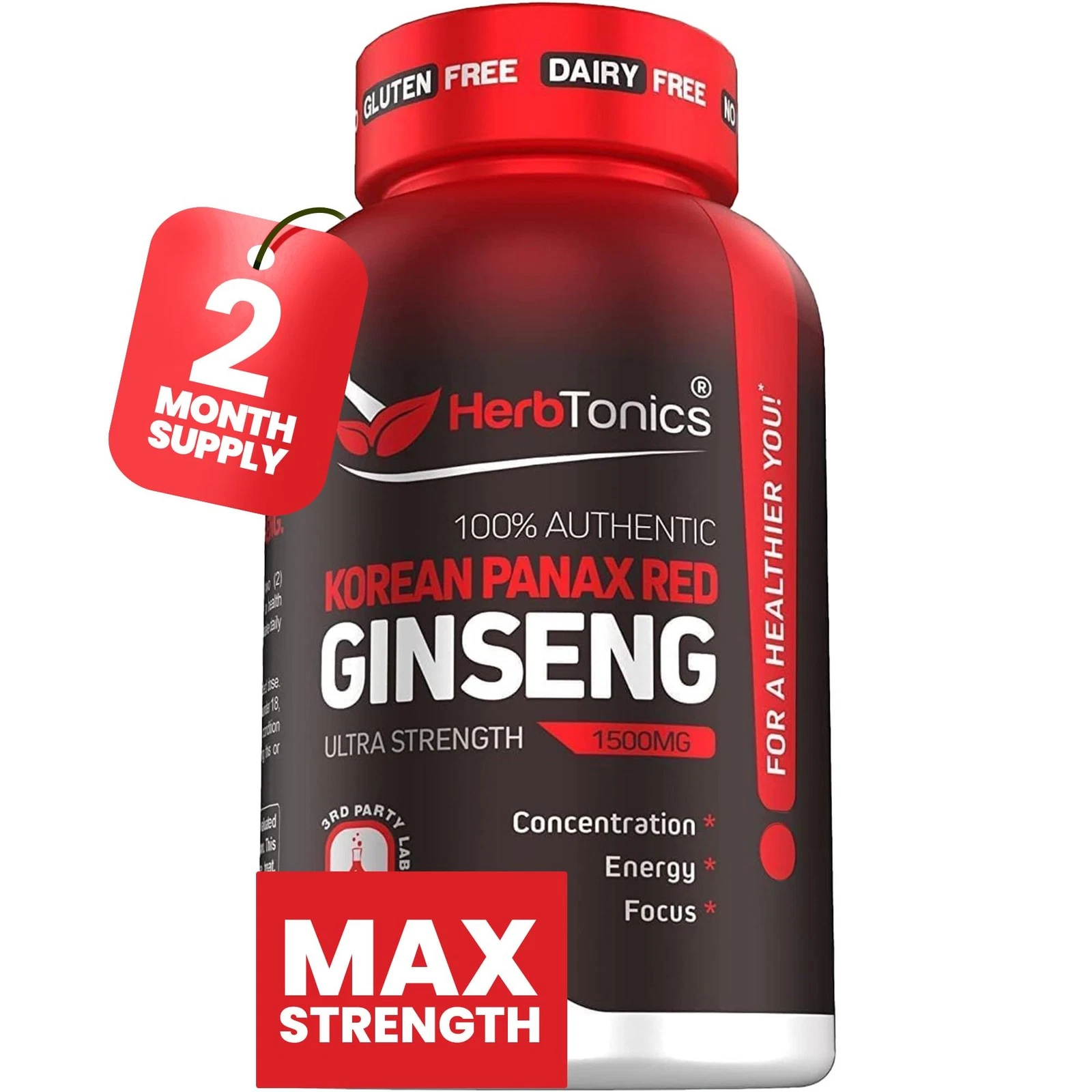 Korean Red Panax Ginseng 1500mg - Energy Supplement for Peak Performance, Foc...