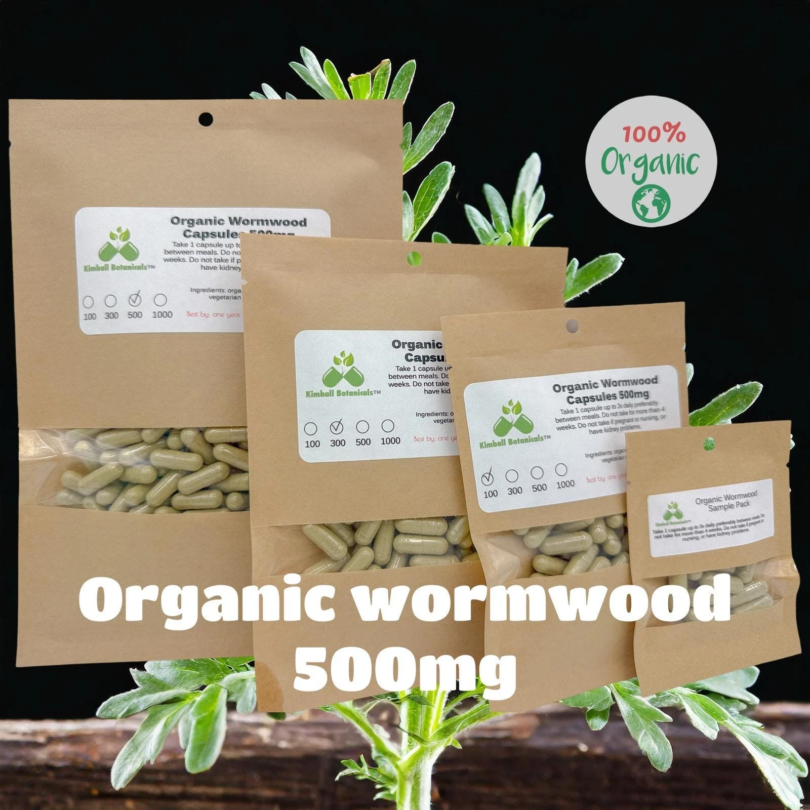 Organic Wormwood (Artemisia absinthium) 500mg vegetarian or pullulan capsules,