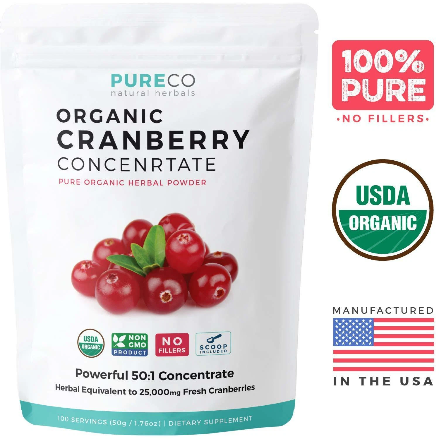 USDA Organic Cranberry Concentrate (50:1) Powder - 500mg with Scoop