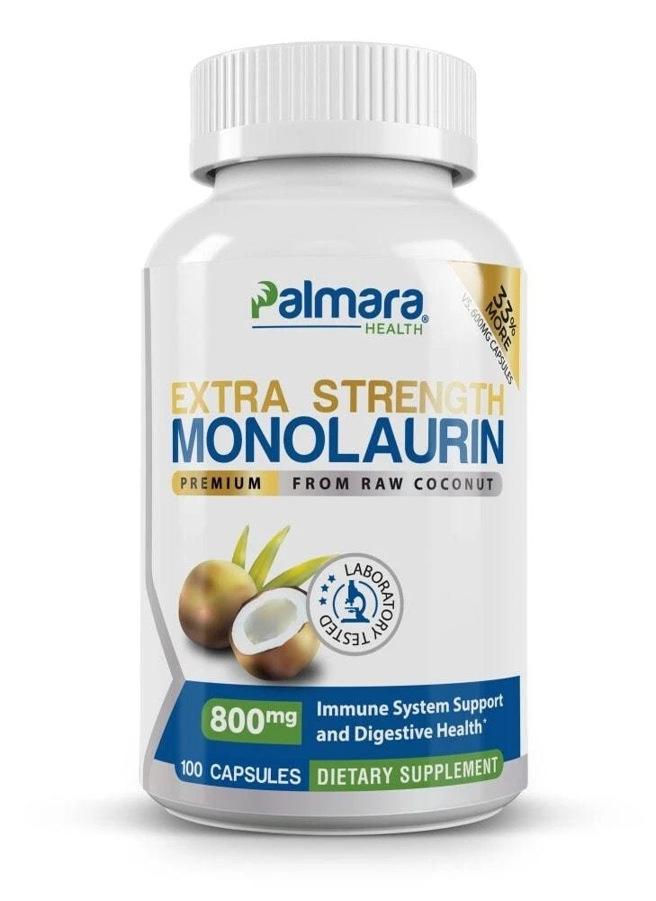 Palmara Health Extra Strength Monolaurin 800mg, 100 Capsules, 33% More