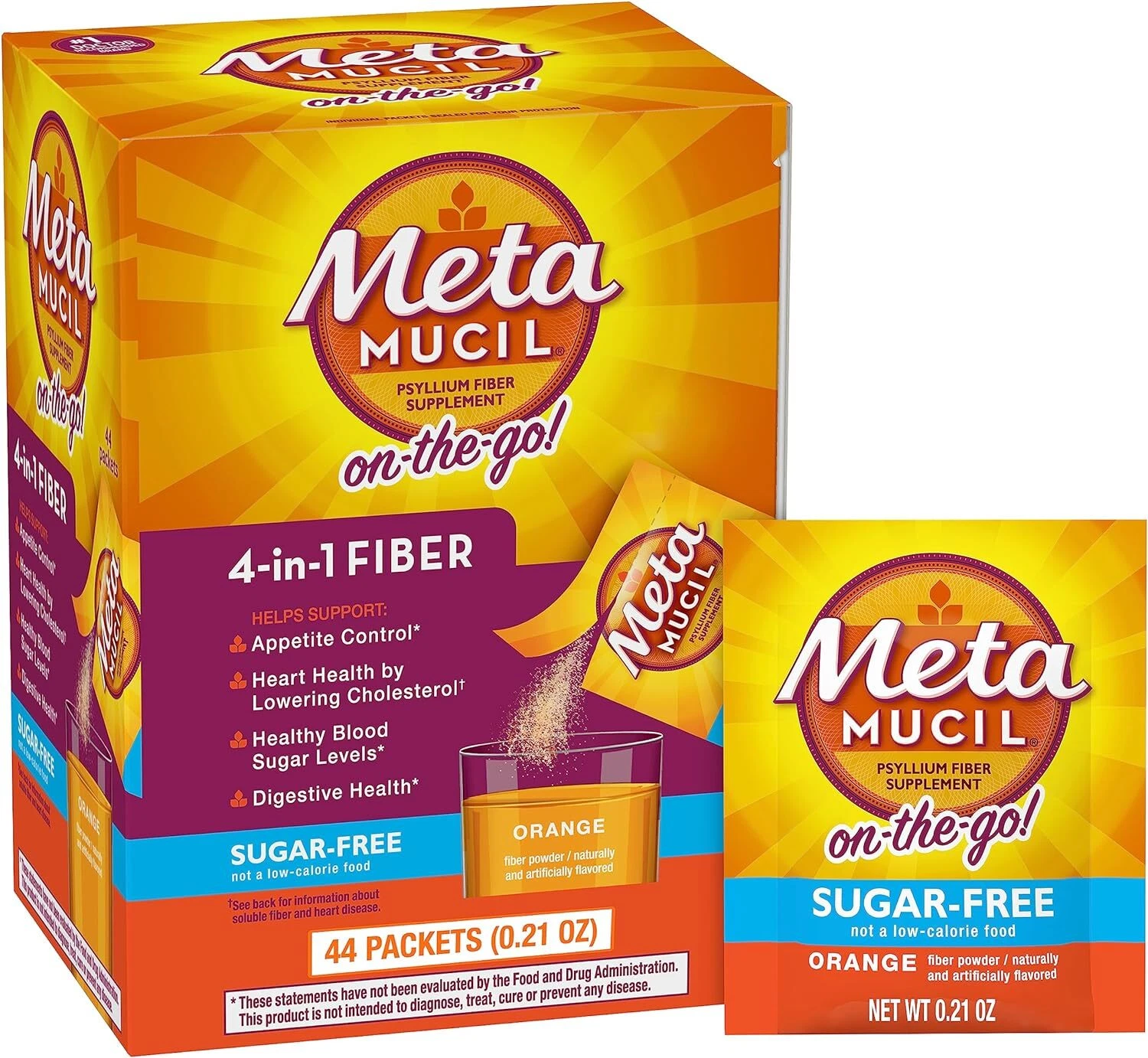 Metamucil 4-in-1 Daily Fiber Powder Drink Mix, Sugar Free, Orange, 44 Packets