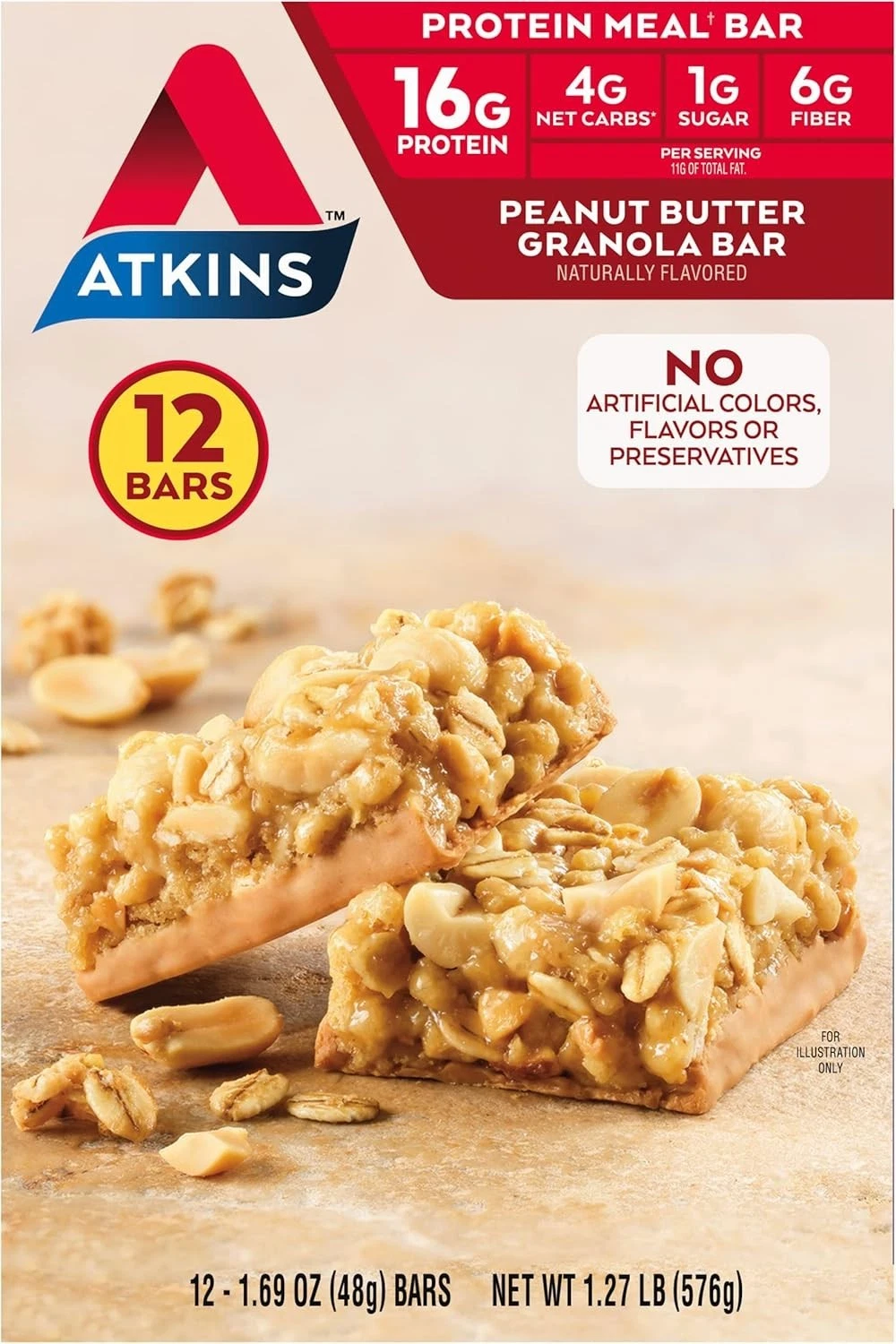 Peanut Butter Granola High Protein Bar, High Fiber , 16G Protein, 1G Sugar, 4G N