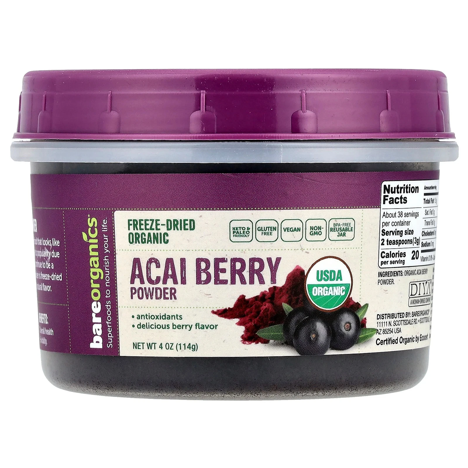 Freeze-Dried Raw Organic Acai Berry Powder, 4 oz (114 g)
