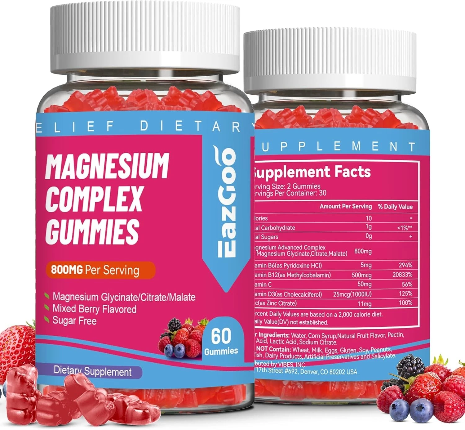 Magnesium Gummies 800mg - Vitamin D3, C, B6, B12 & Zinc 60 Count (Pack of 2)
