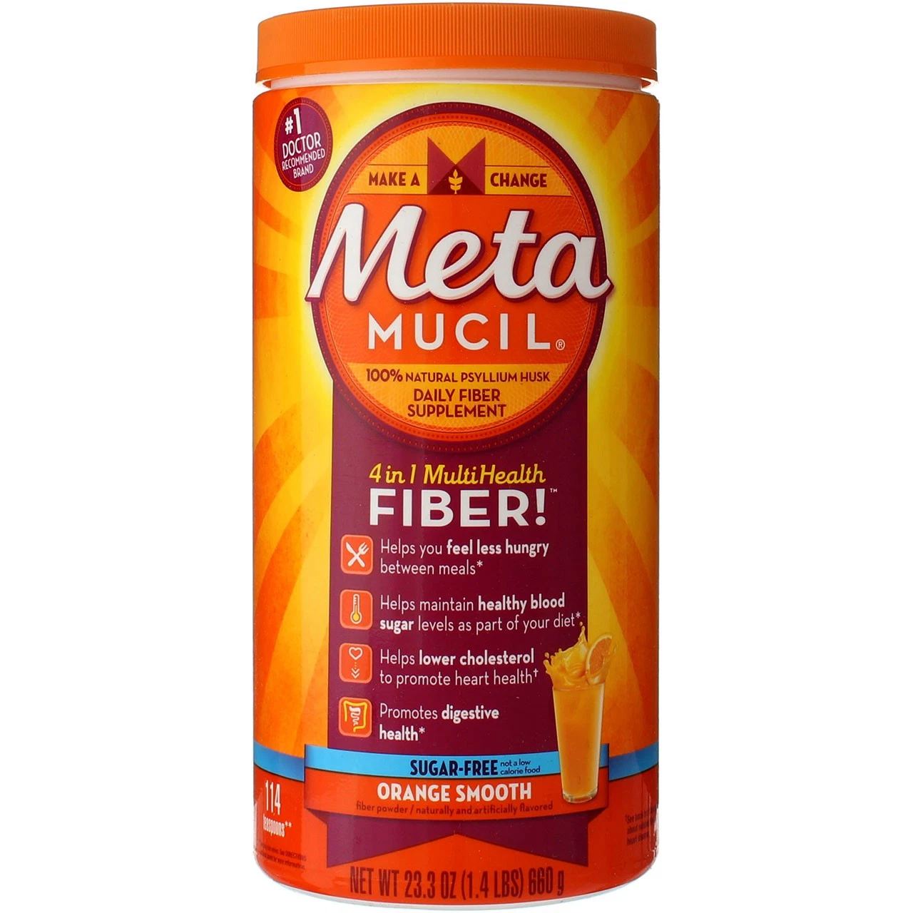 Metamucil 4-in-1 MultiHealth Sugar-Free Fiber Supplement Powder, Orange Smoot...