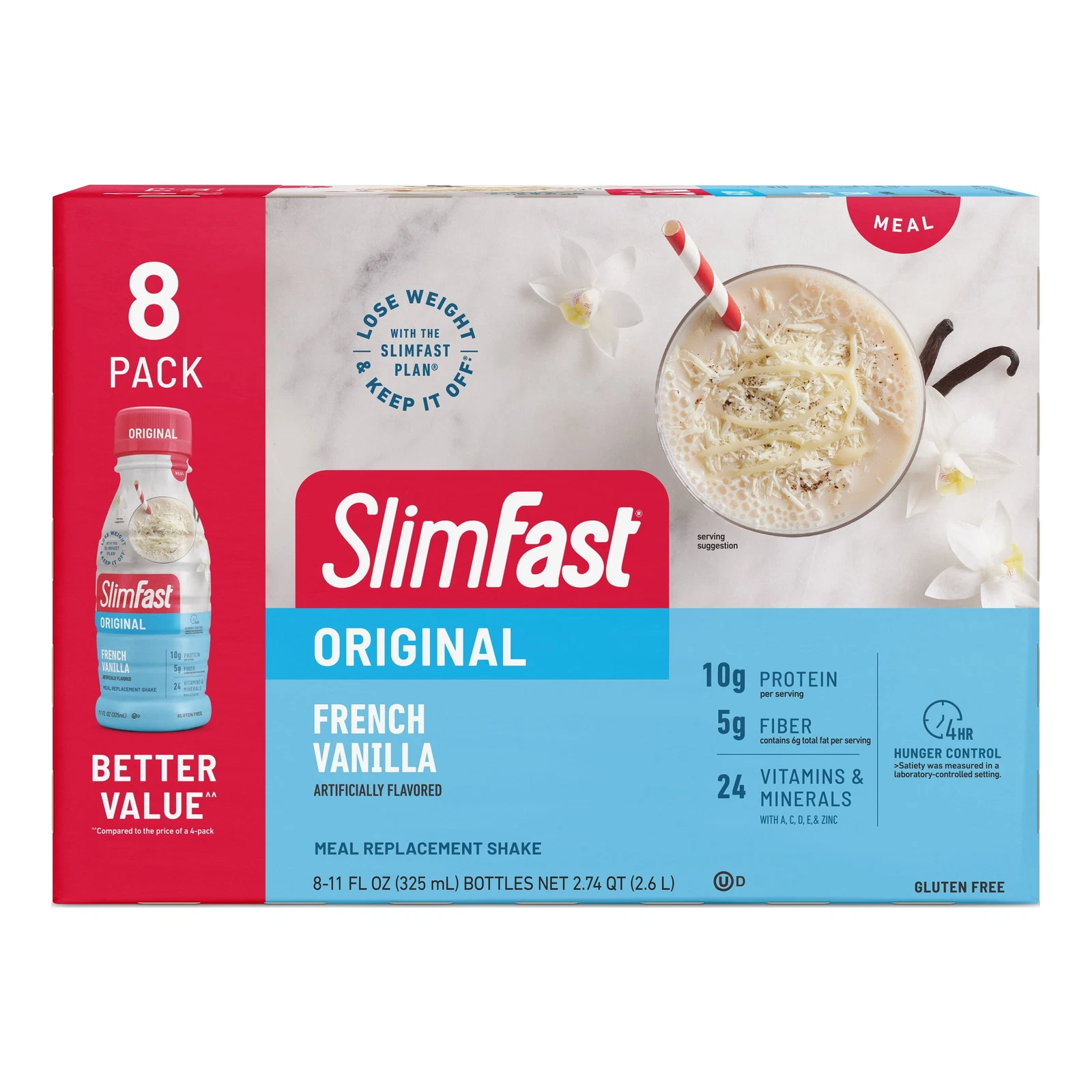 SlimFast Meal Replacement Protein Shake, French Vanilla, 11 fl oz Bottle, 8 Pack