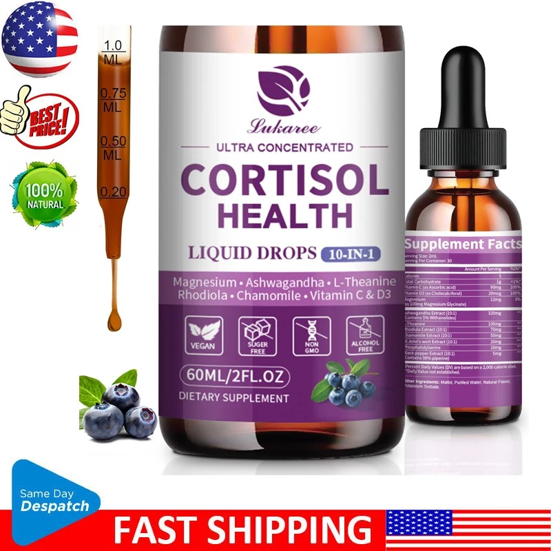 60ml Cortisol 10-IN-1 Supplement Liquid with Magnesium Ashwagandha L-Theanine