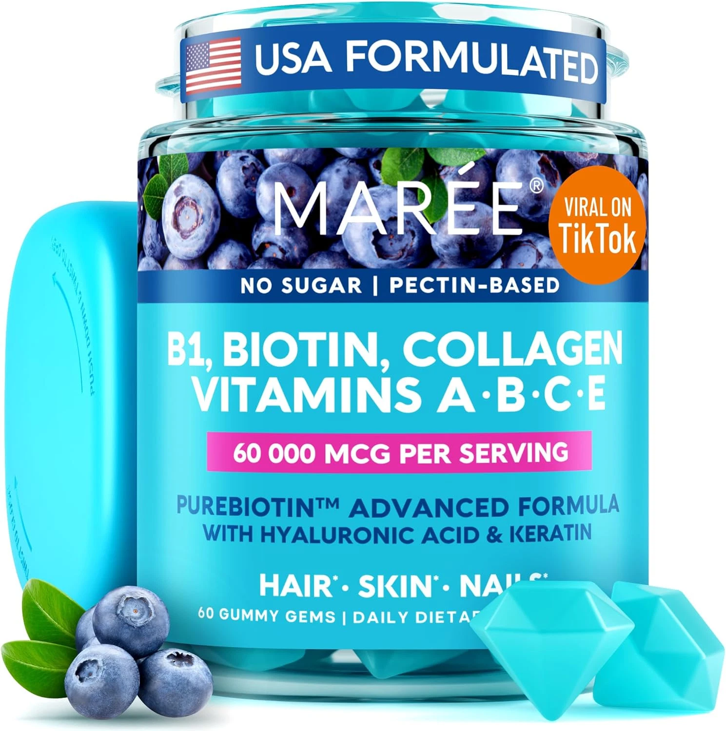 MAREE Vitamin B1 Thiamine & B7 Biotin Gummies, A E D C Vitamins Complex Collagen