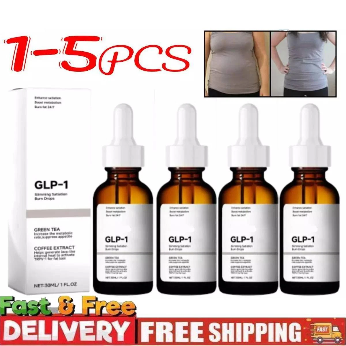 GLP-1 Weight Loss Fat Burner Drops Diet Supplement Slimming Drops 30ml 1-5X