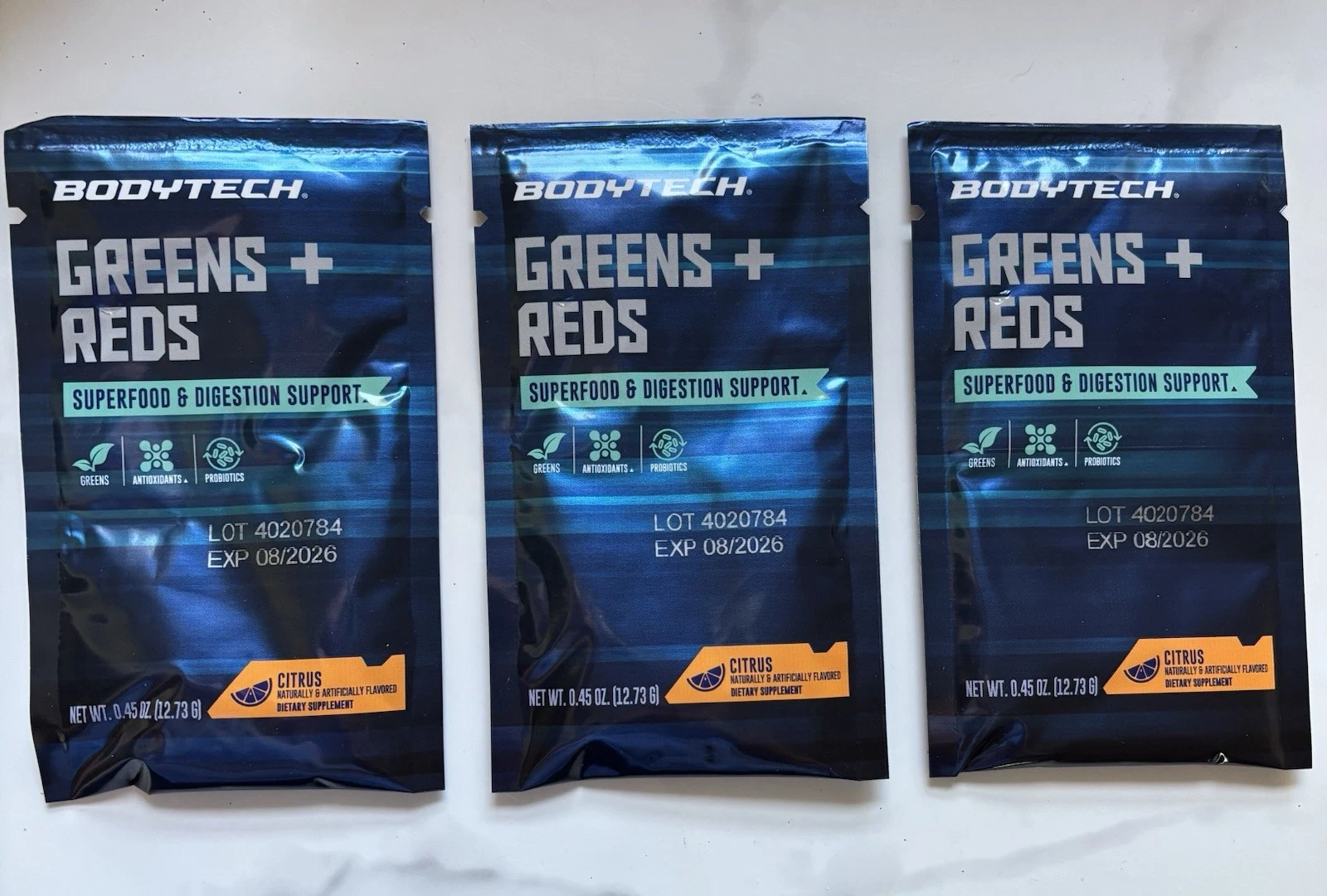 3 Travel Pks BODYTECH Greens + Reds Powder Superfood & Digestive Support Citrus