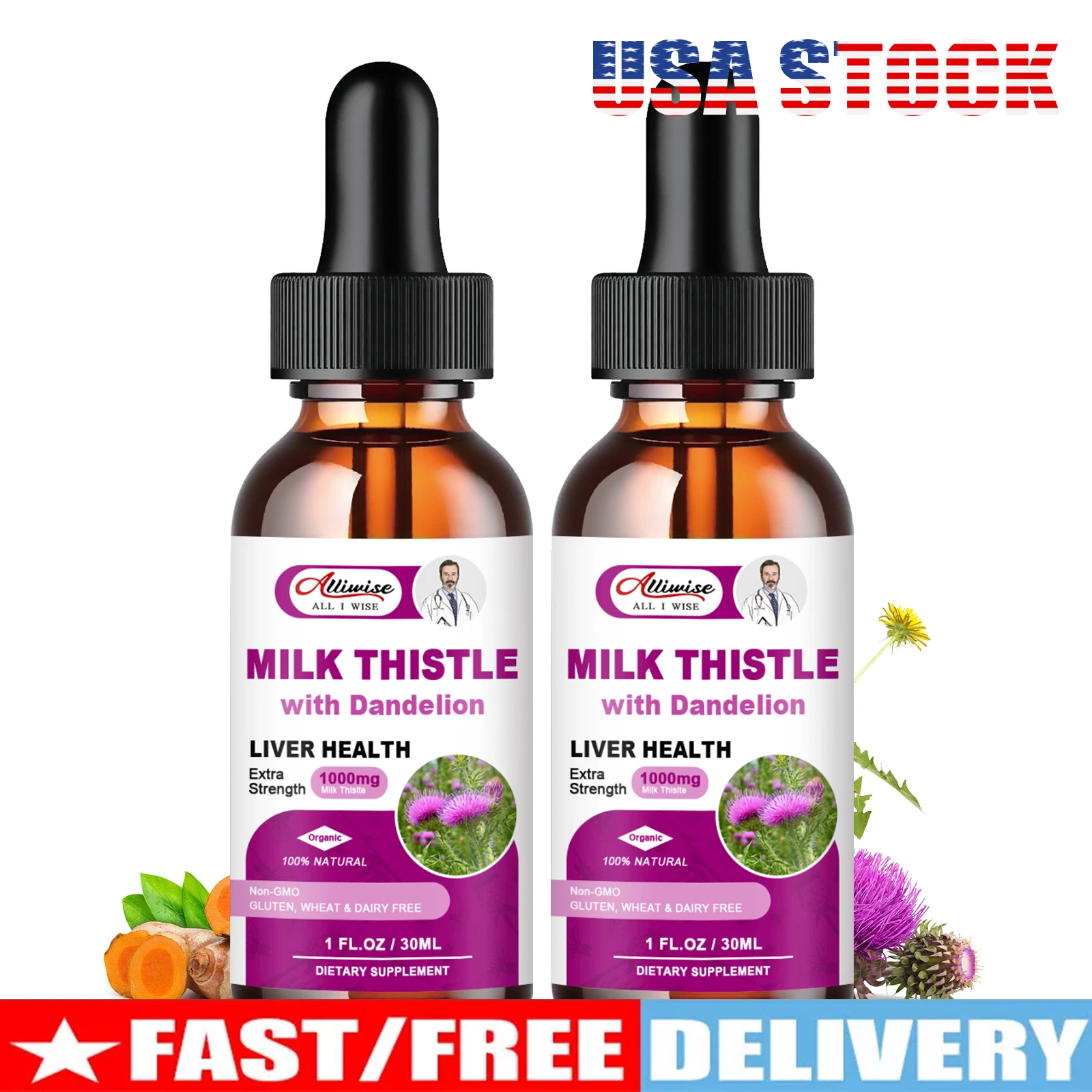 2*30ml Liver Liquid Drops-All-Natural 1000mg Milk Thistle,Dandelion Root Vegan