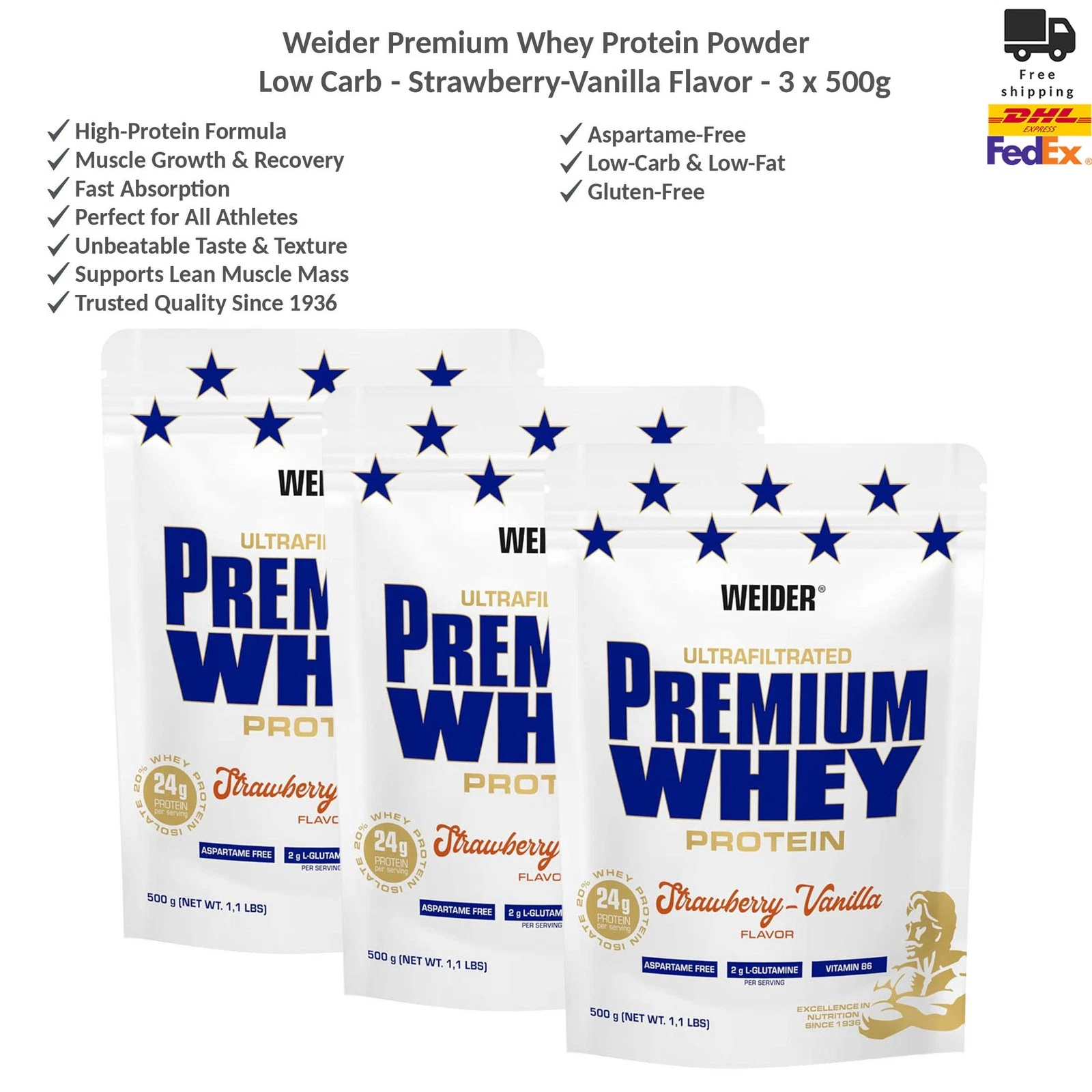 Weider Premium Whey Protein Powder Low Carb 3x500g - Strawberry-Vanilla Flavor