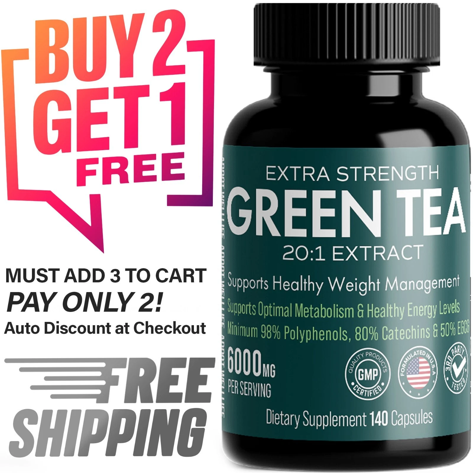 Green Tea Supplement 6000mg – 140 Capsules | Natural EGCG, Metabolism Support