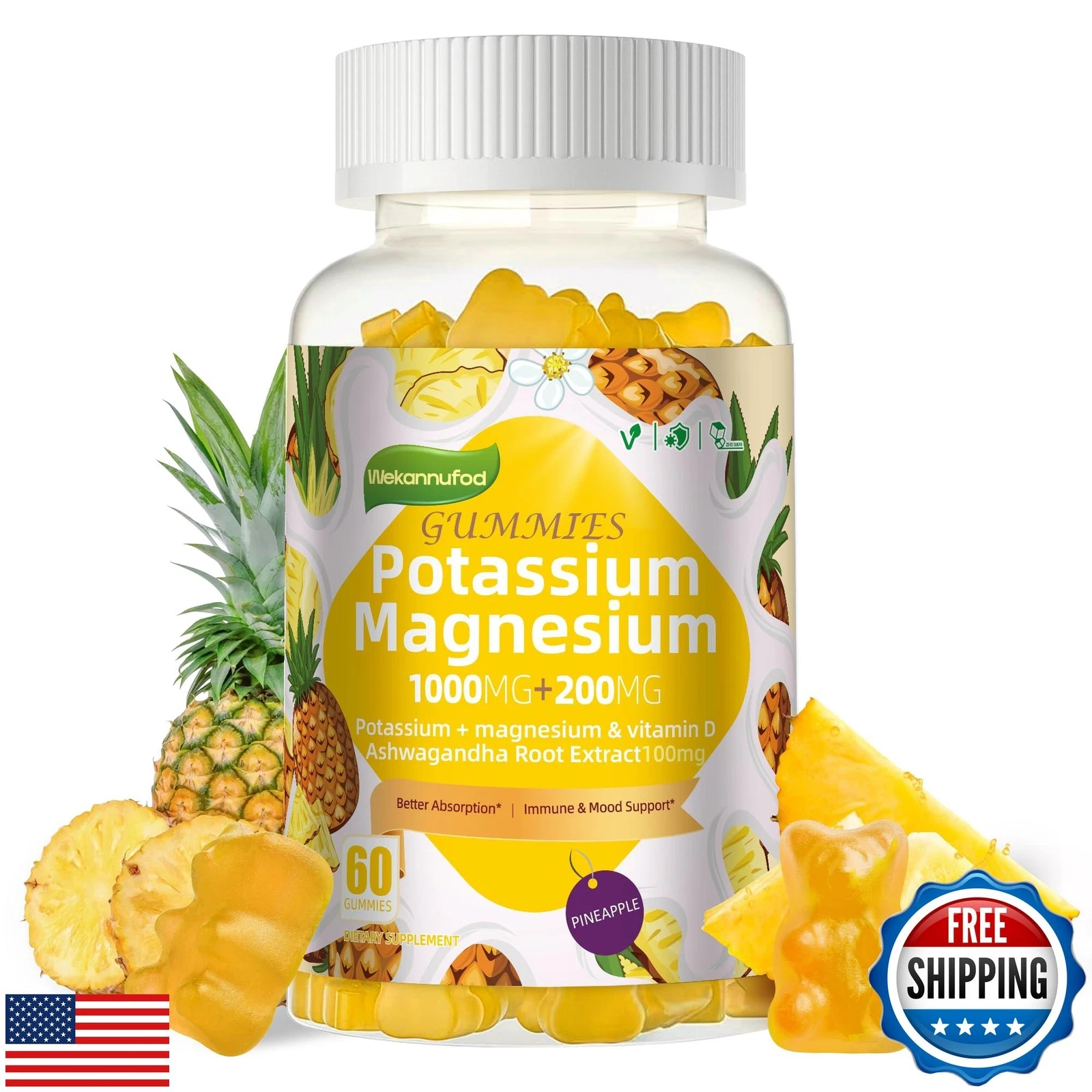 Potassium Magnesium Gummies,High Absorption Magnesium Glycinate,B6,D3,Potassi